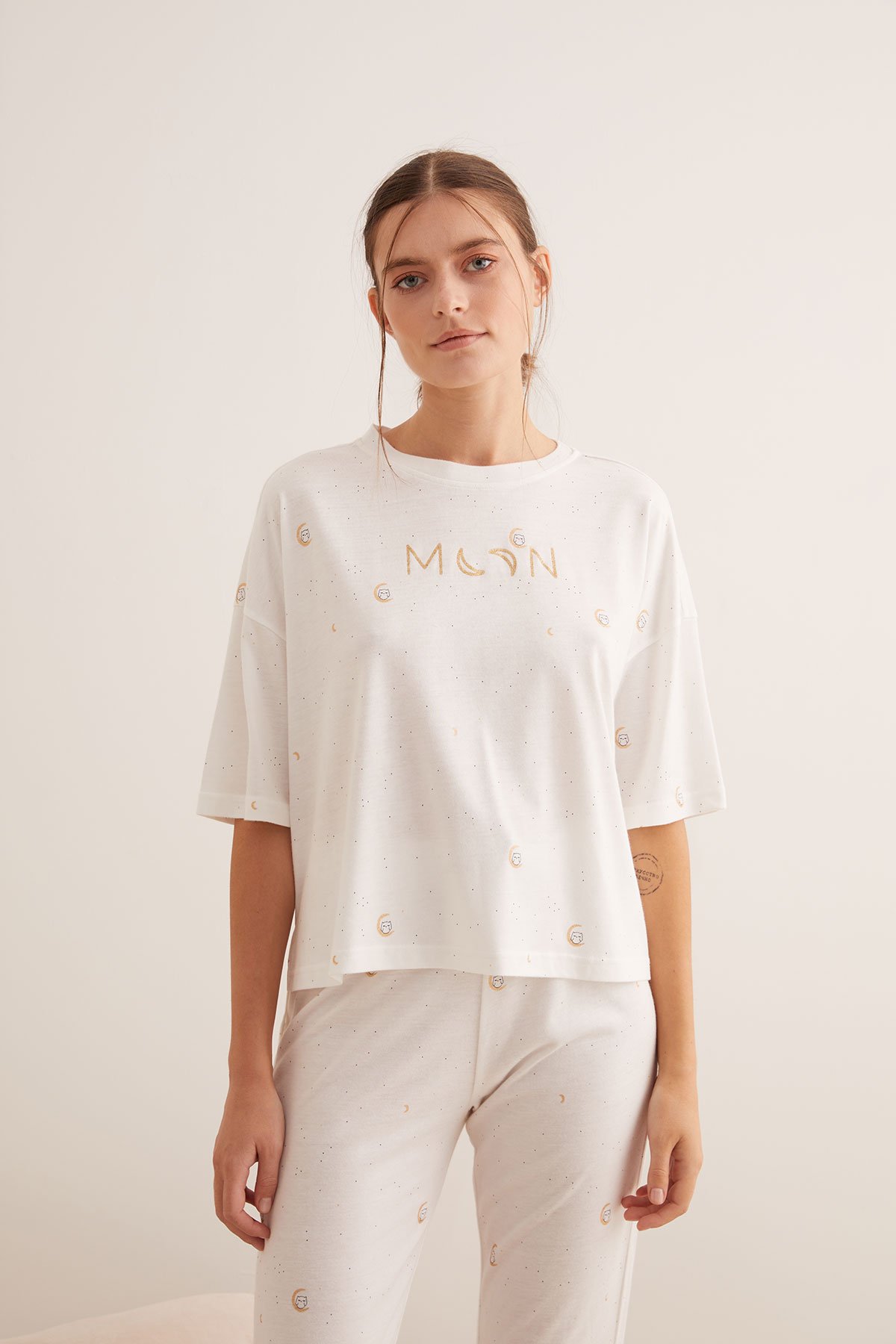 Kadın Modal Karışımlı Pamuklu Sim Baskılı Pijama Üstü