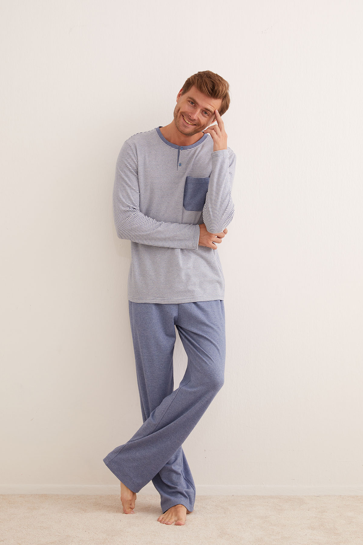Erkek Modal Karışımlı Kısa Düğme Detaylı Uzun Pijama Takımı