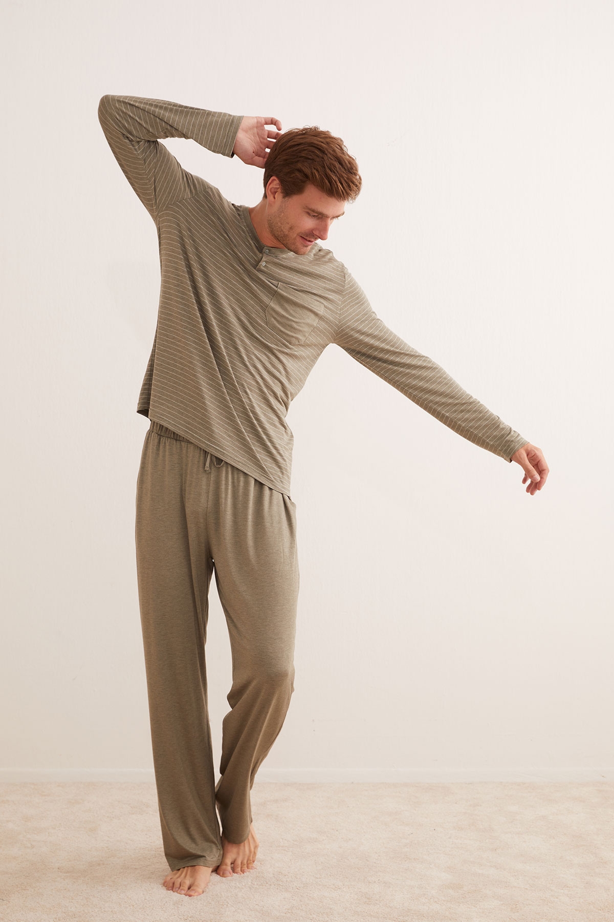 Erkek Viscose Melanj Kısa Düğmeli Cepli Uzun Pijama Takımı