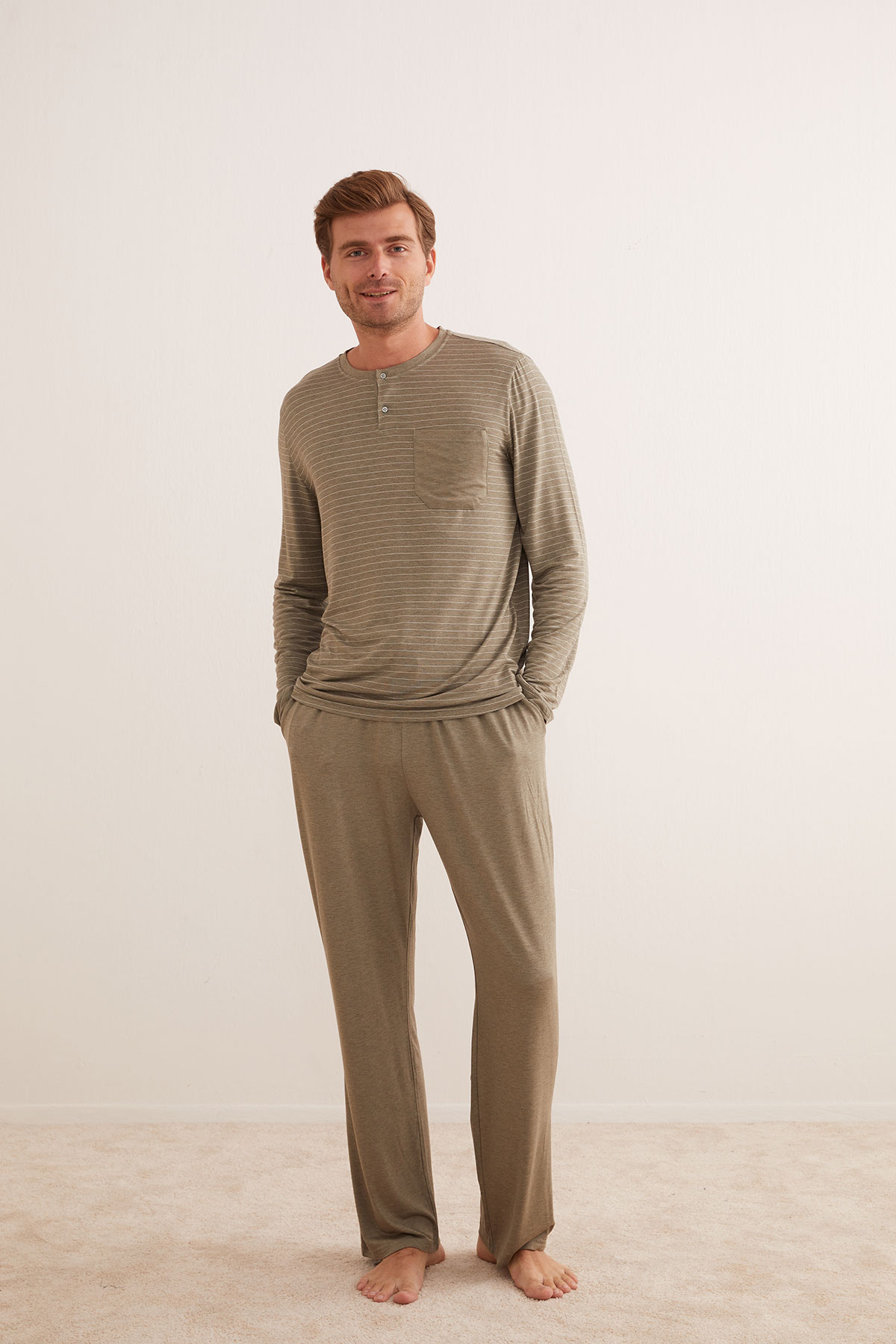 Erkek Viscose Melanj Kısa Düğmeli Cepli Uzun Pijama Takımı