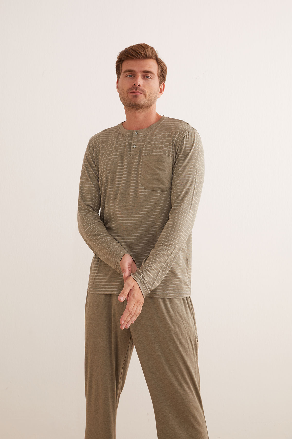 Erkek Viscose Melanj Kısa Düğmeli Cepli Pijama Üstü
