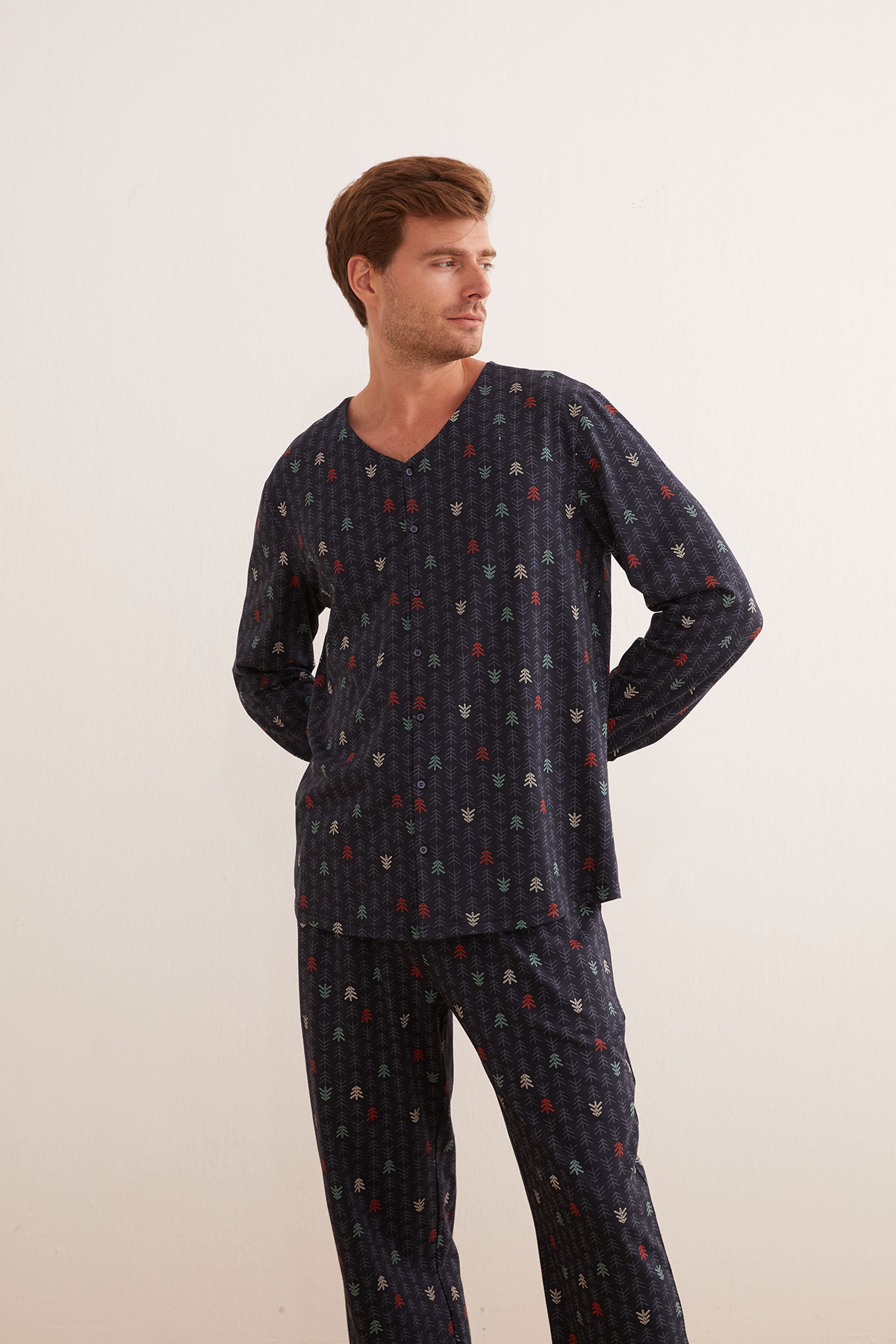 Erkek Pamuklu Düğmeli Uzun Pijama Takımı