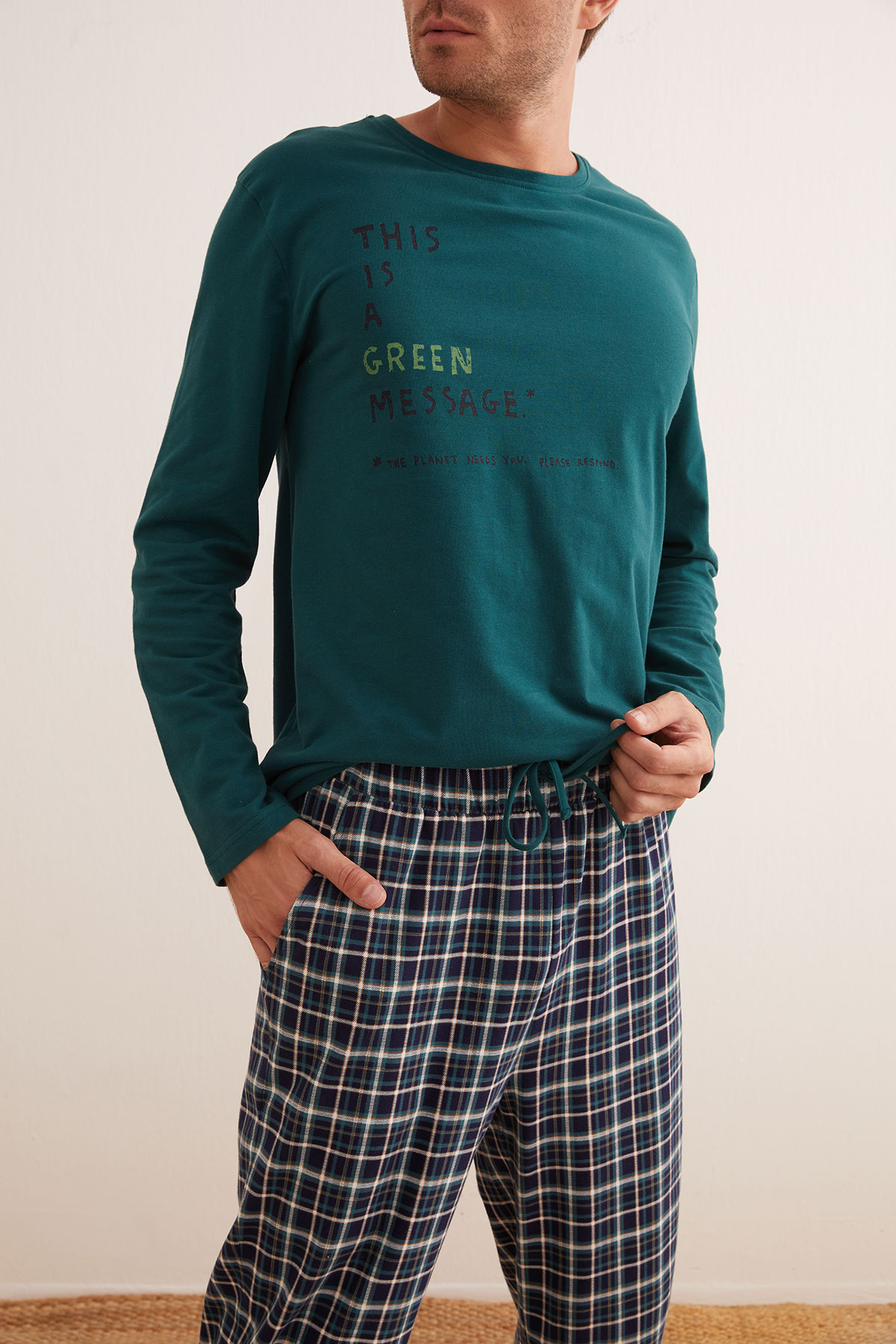 Erkek Pamuklu Paçası Manşetli Uzun Pijama Altı