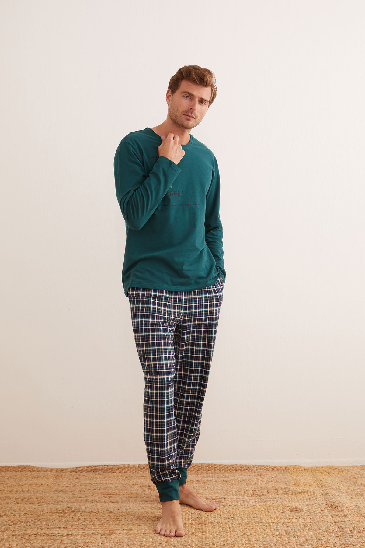 Erkek Pamuklu Paçası Manşetli Uzun Pijama Altı