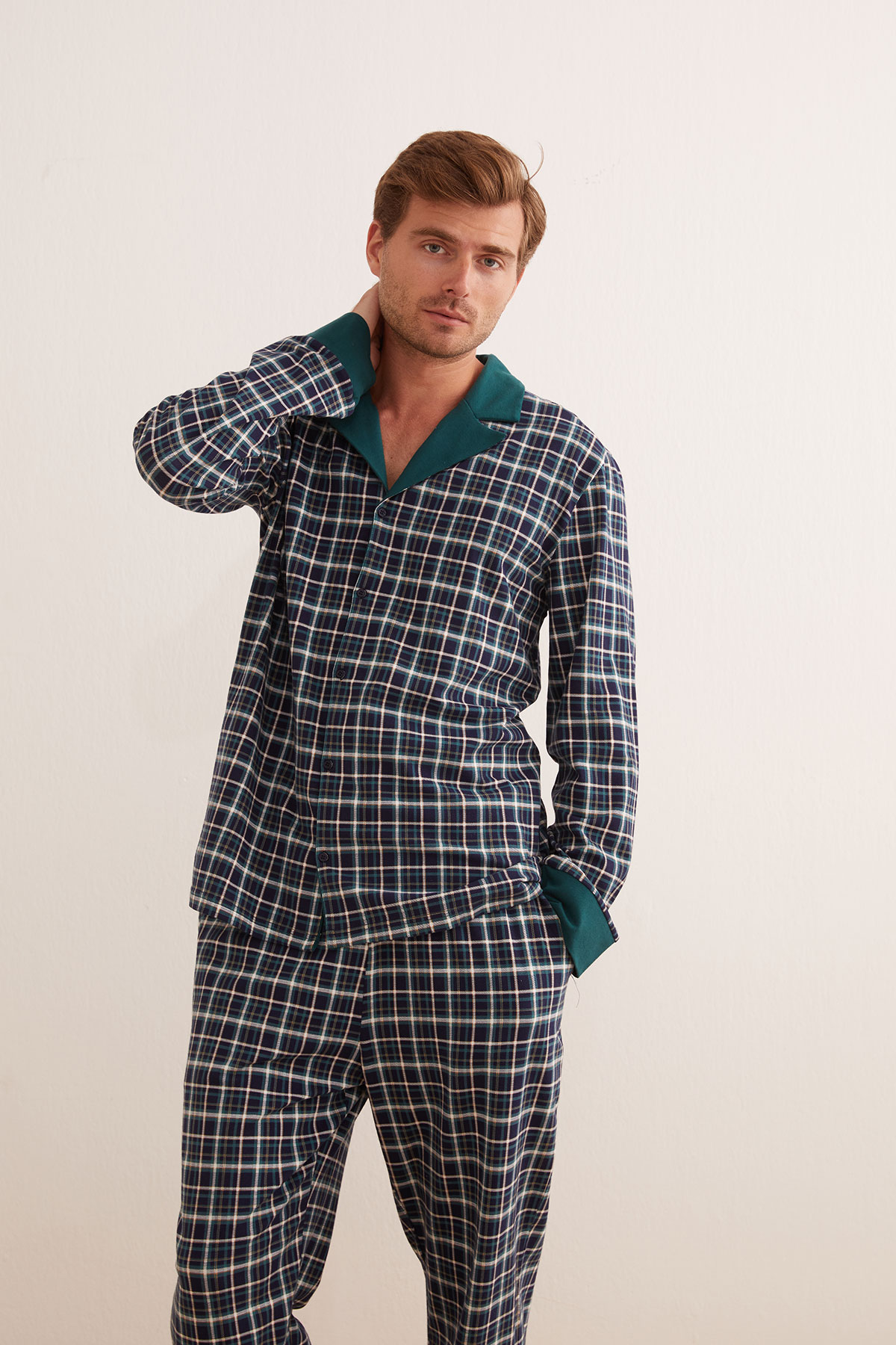 Erkek Pamuklu Gömlek Yaka Pijama Üstü