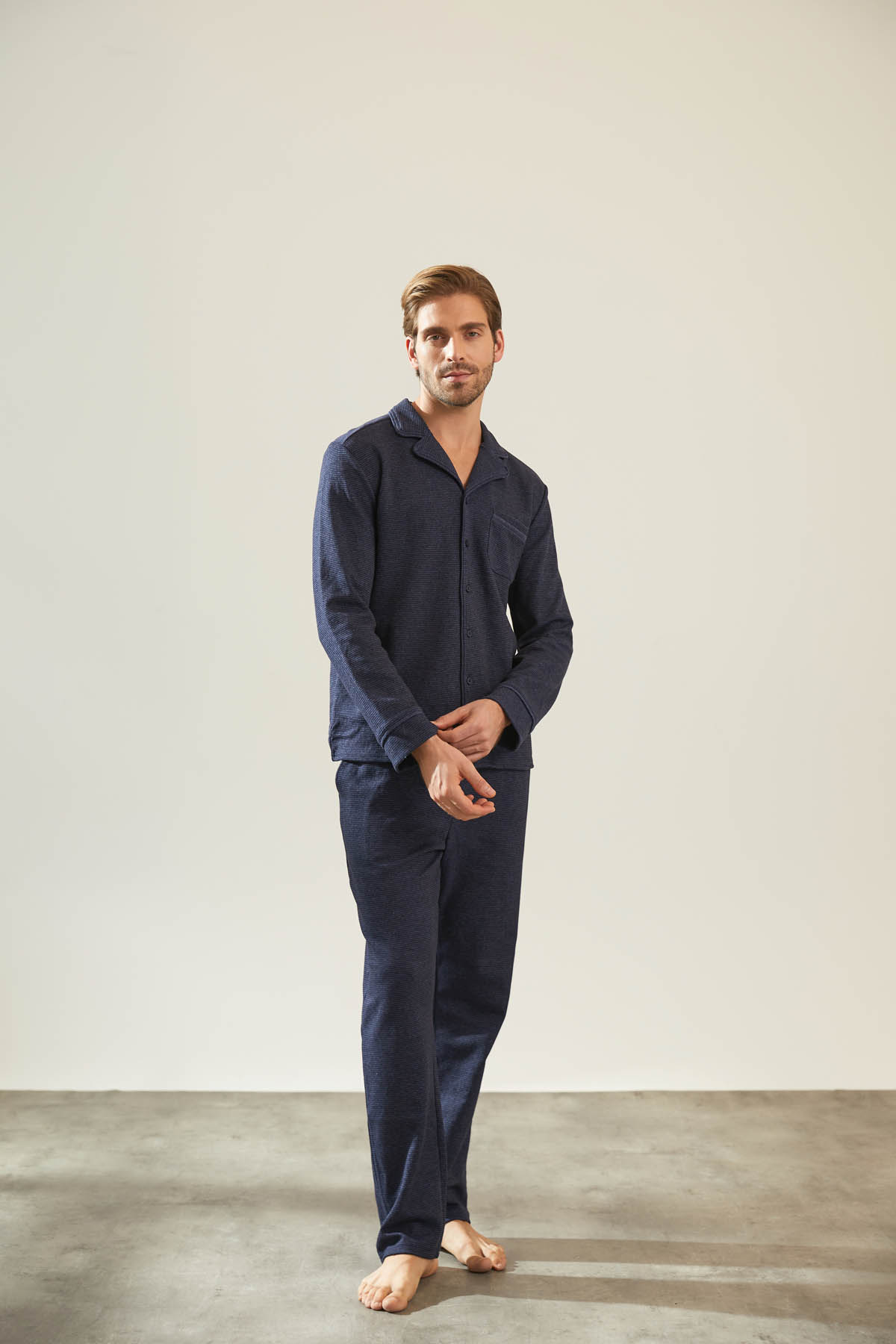 Erkek Lacivert Çizgili Gömlek Yakalı Uzun Ev Giyim Takım