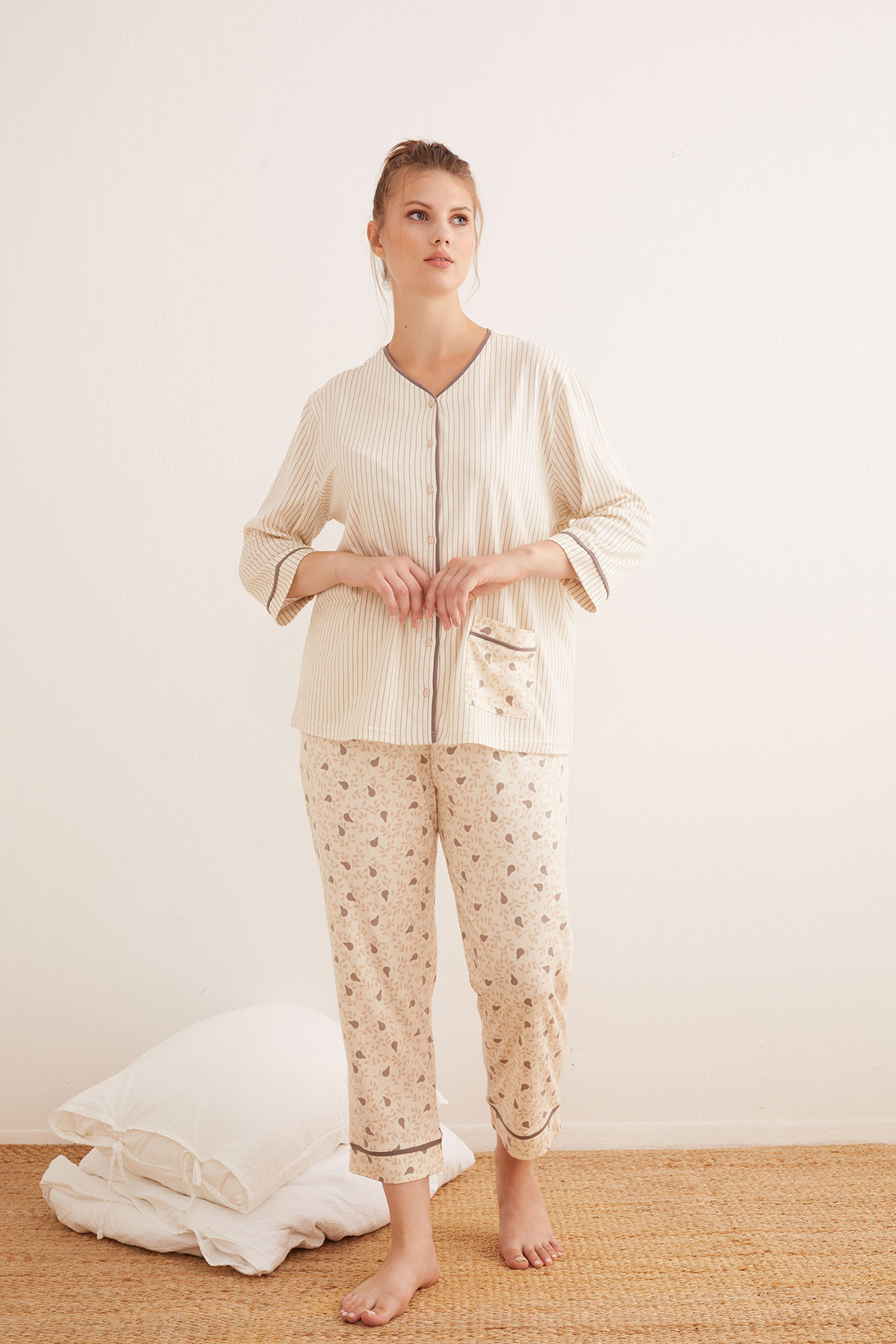 Kadın Büyük Beden Modal Karışımlı Pamuklu Pijama Takımı