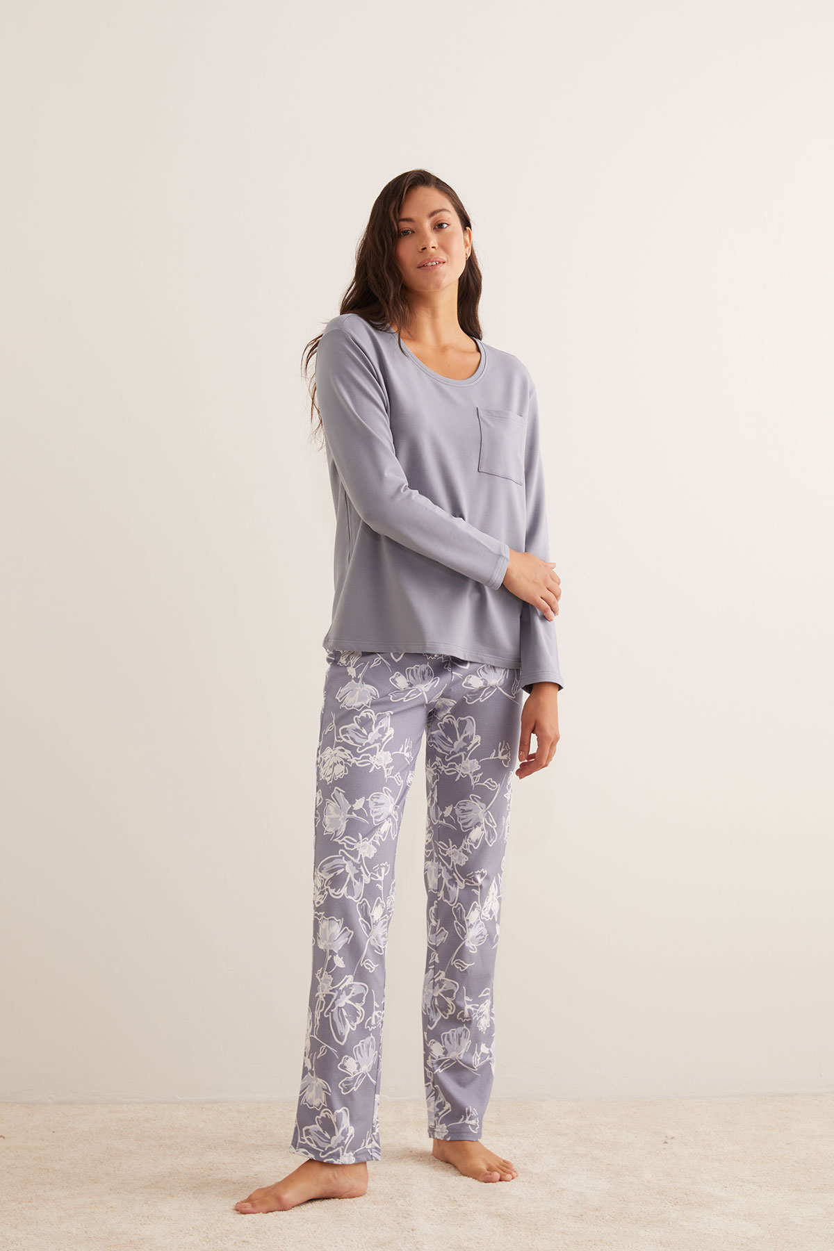 Kadın Modal İki İplik Üst Penye Uzun Pijama Takımı