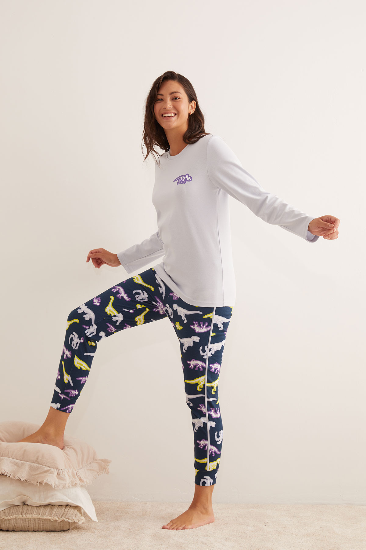 Kadın Pamuklu Dinozor Baskılı Uzun Kollu Pijama Takımı