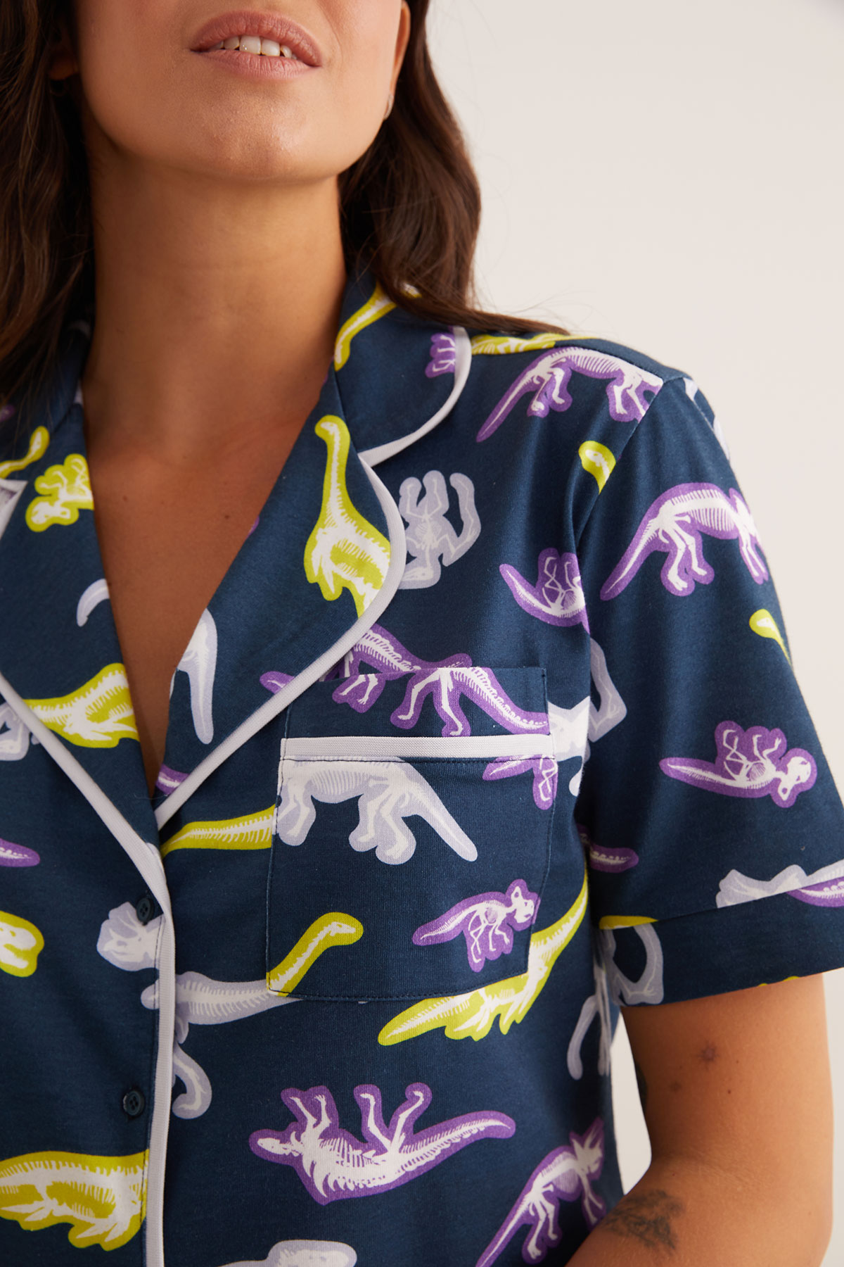 Kadın Pamuklu Dinozor Baskılı Gömlek Pijama Üstü