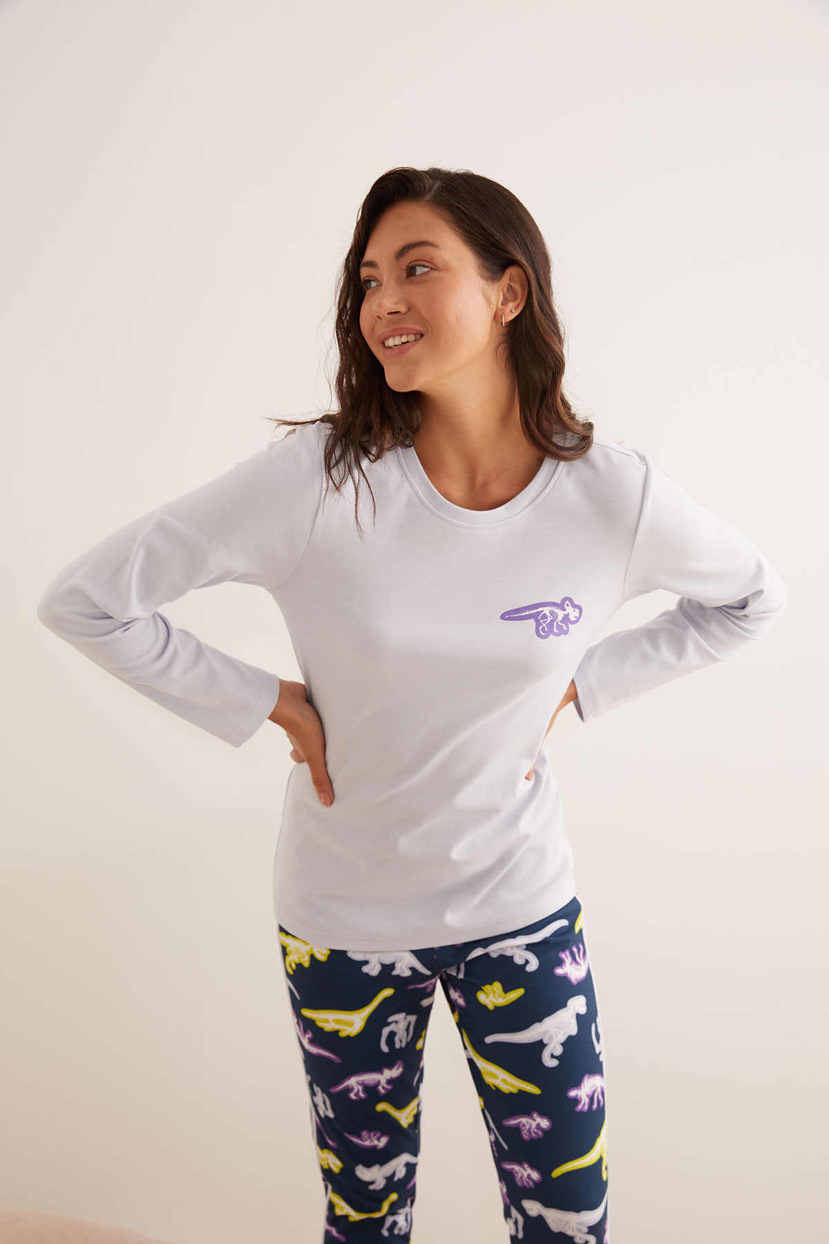 Kadın Pamuklu Dinozor Baskılı Uzun Kollu Pijama Üstü