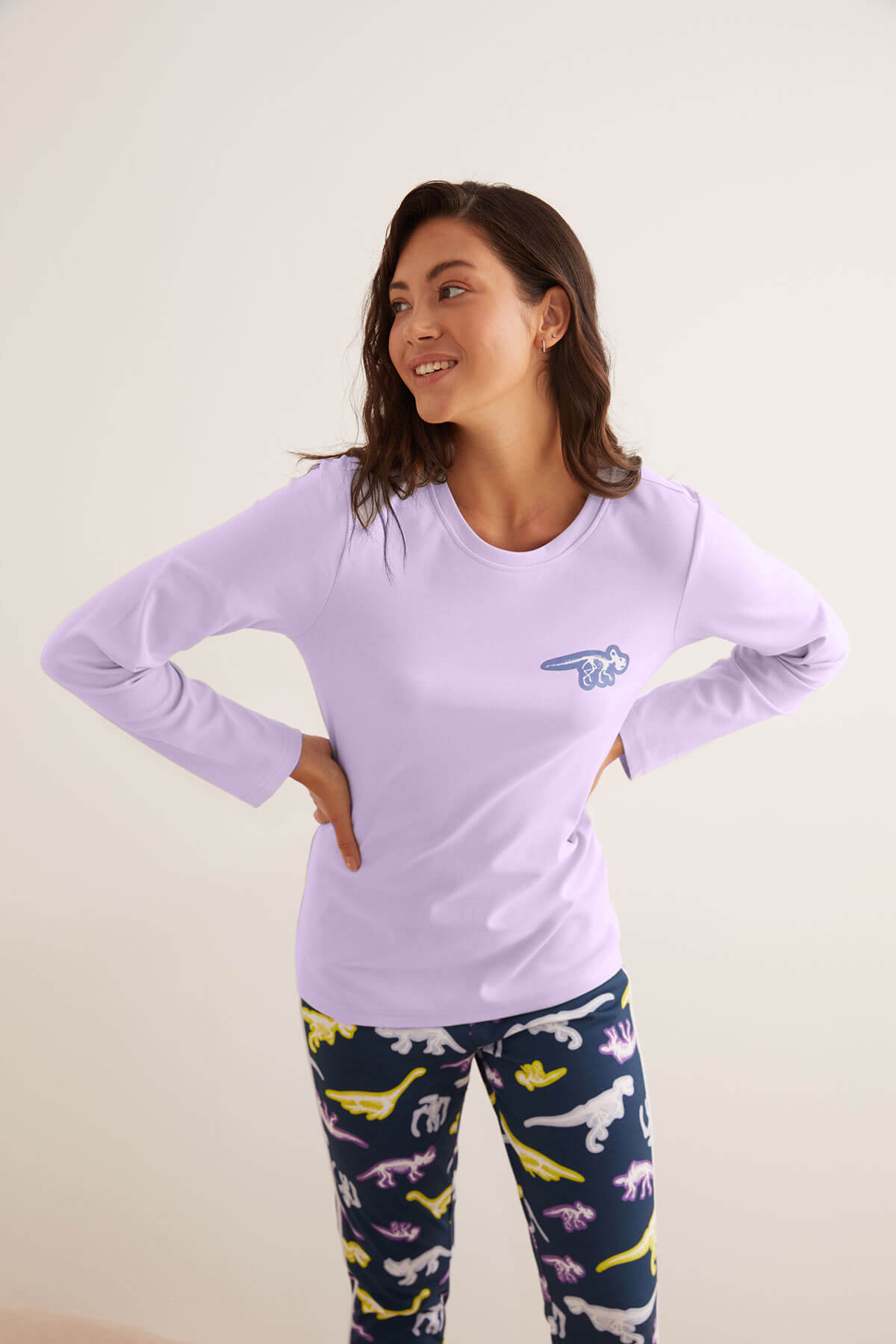 Kadın Pamuklu Dinozor Baskılı Uzun Kollu Pijama Üstü
