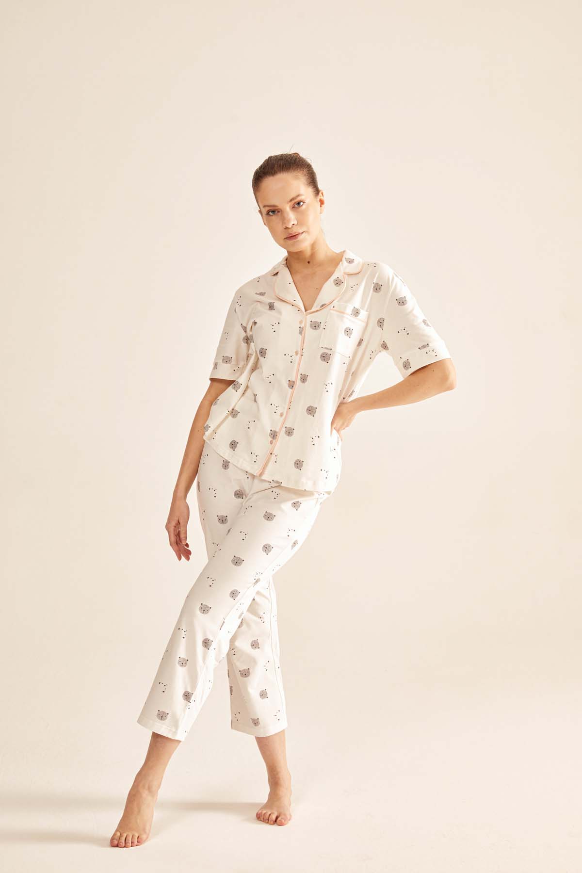 Kadın Pamuklu Gömlek Yaka Midi Pijama Takımı