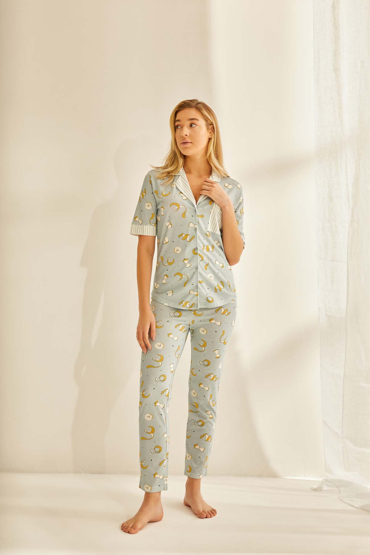 Kadın Modal Gömlek Yaka Midi Pijama Takımı