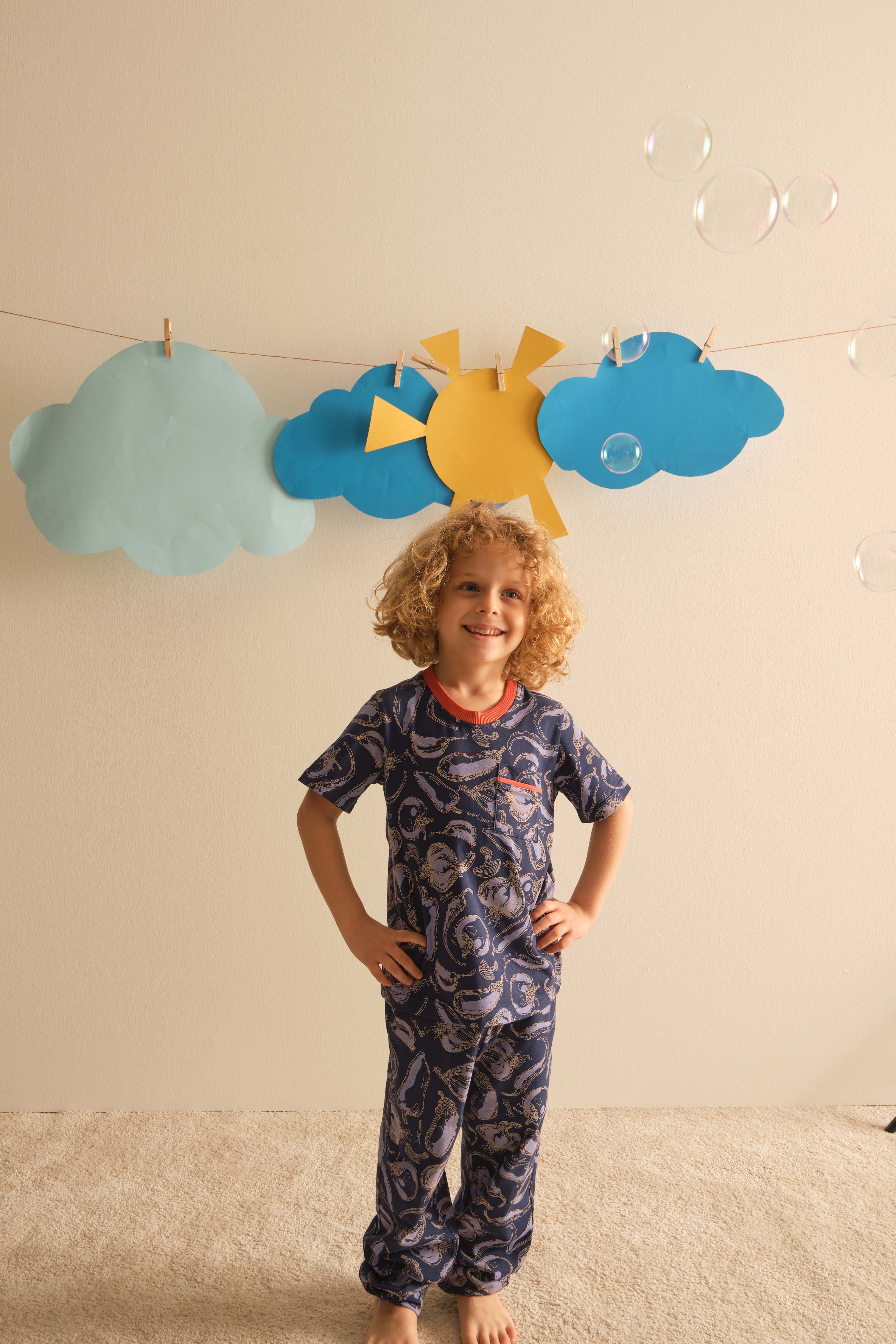 Erkek Çocuk Pamuklu Kısa Kollu Uzun Pijama Takımı