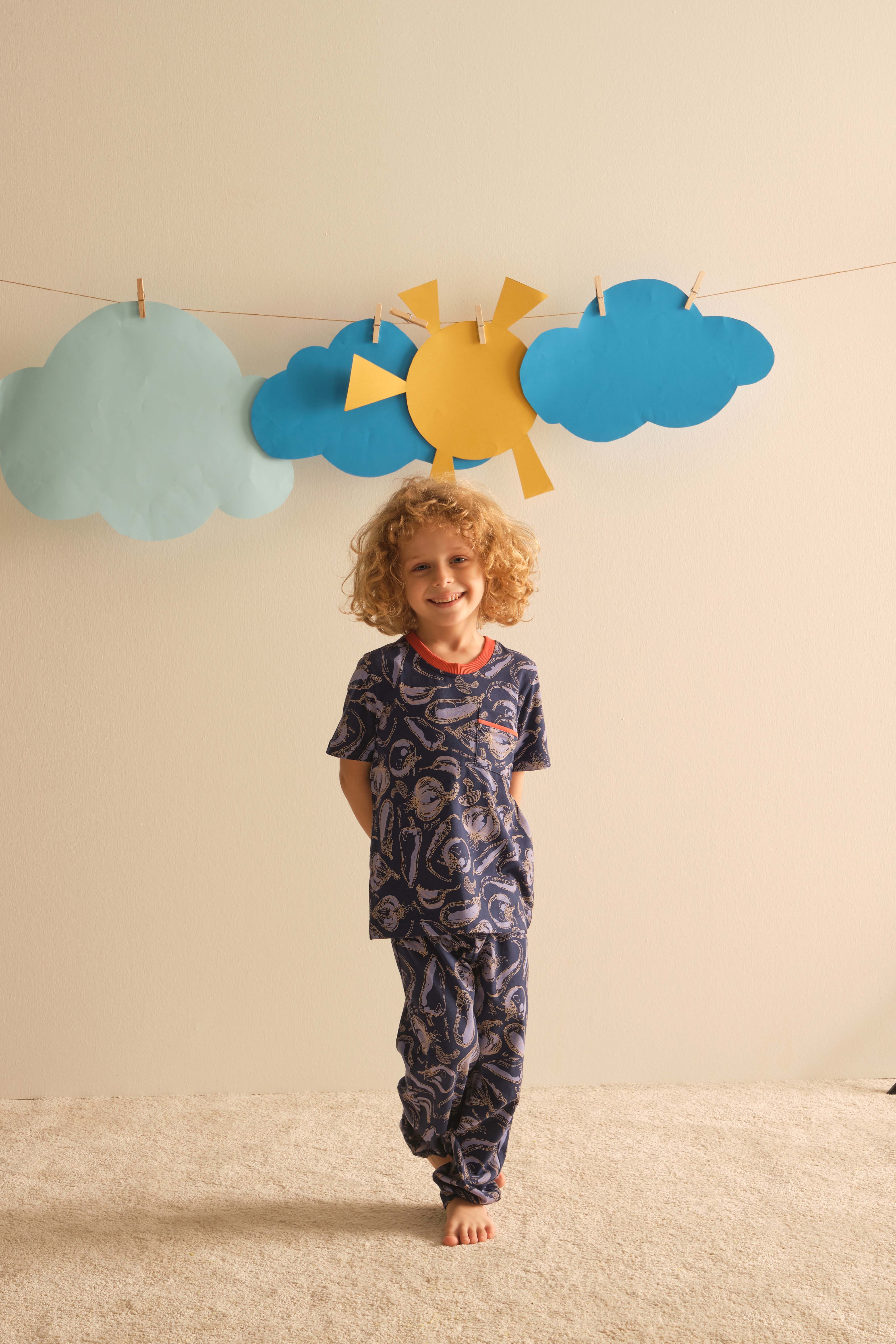 Erkek Çocuk Pamuklu Kısa Kollu Uzun Pijama Takımı