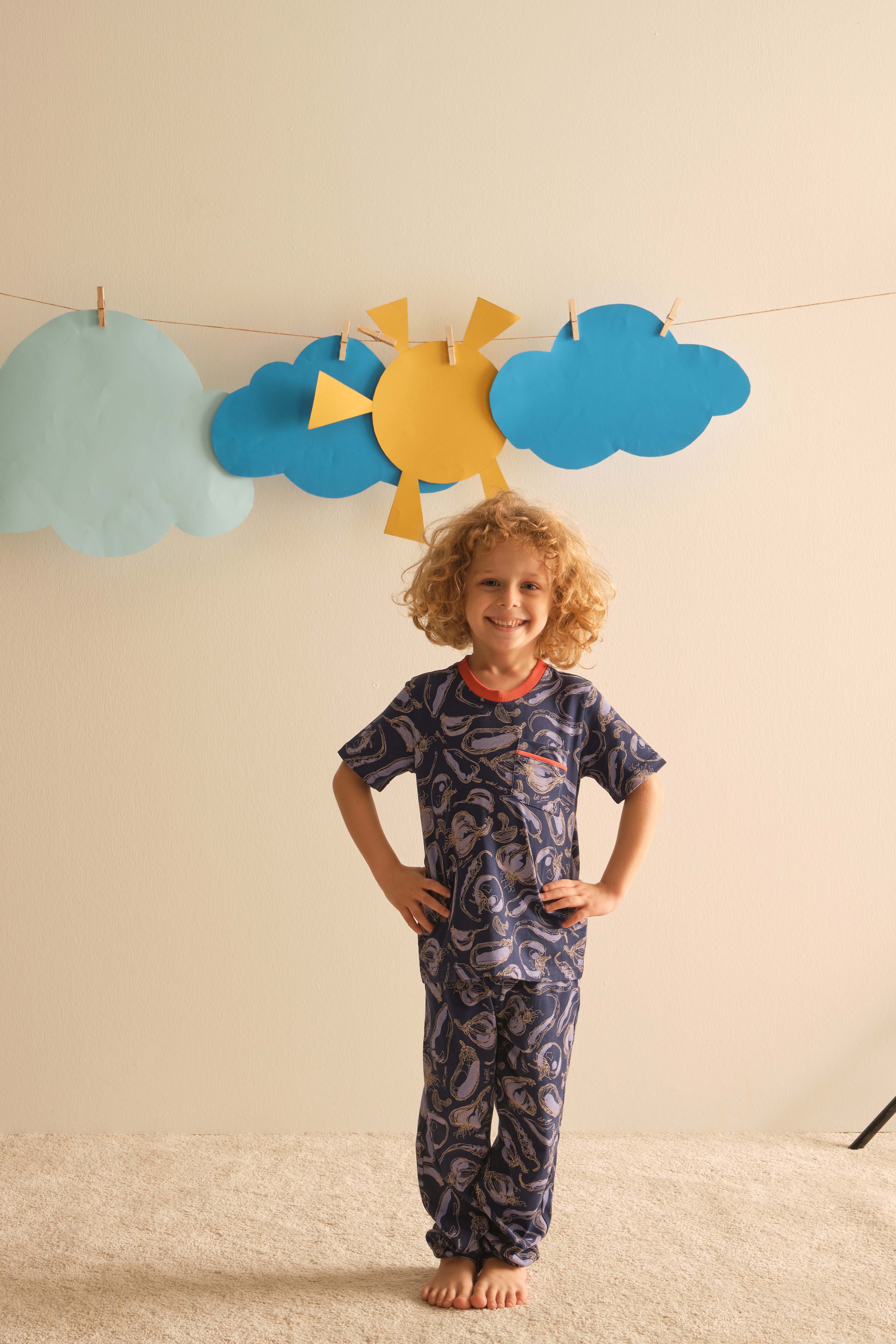 Erkek Çocuk Pamuklu Kısa Kollu Uzun Pijama Takımı