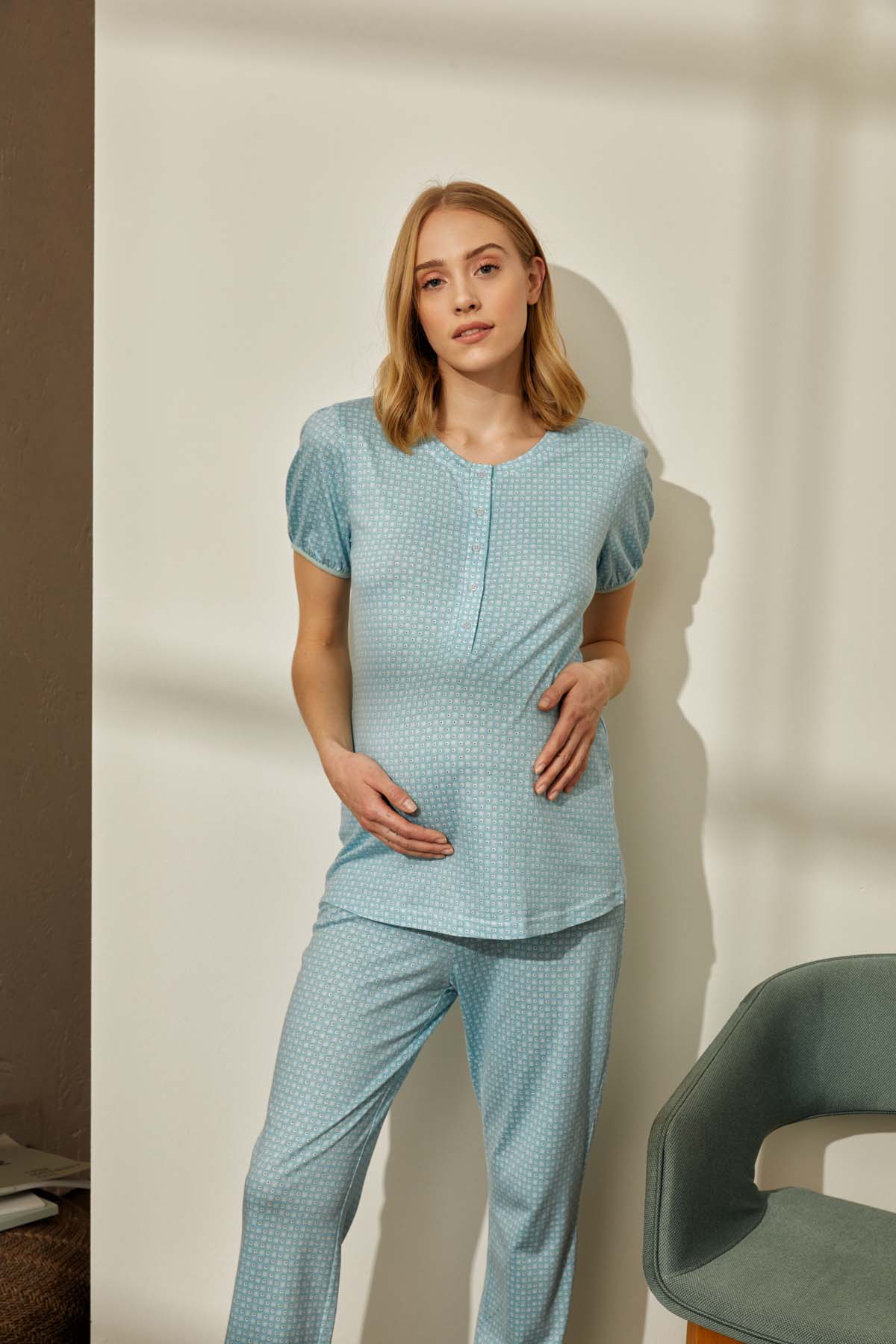 Kadın Anne Adayı Modal Kısa Kollu Düğmeli Pijama Üstü