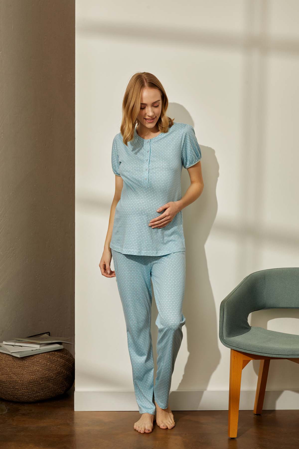 Kadın Anne Adayı Modal Kısa Kollu Düğmeli Pijama Üstü