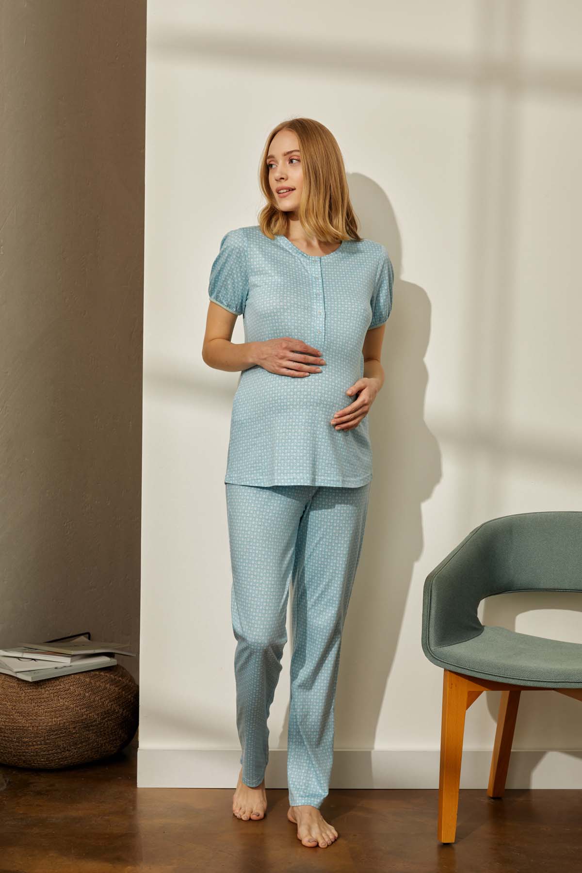 Kadın Anne Adayı Modal Kısa Kollu Düğmeli Pijama Üstü