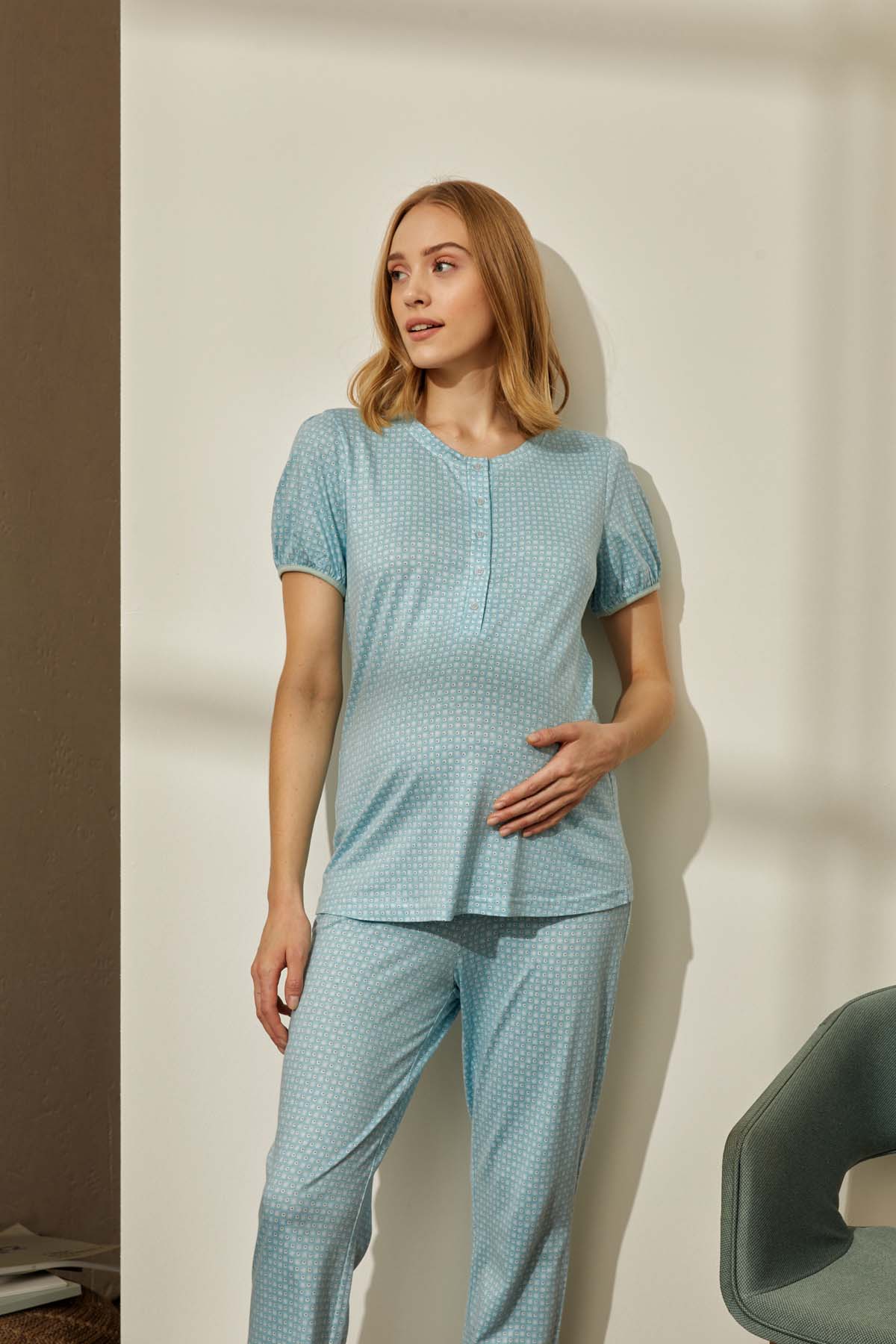 Kadın Anne Adayı Modal Kısa Kollu Düğmeli Pijama Üstü