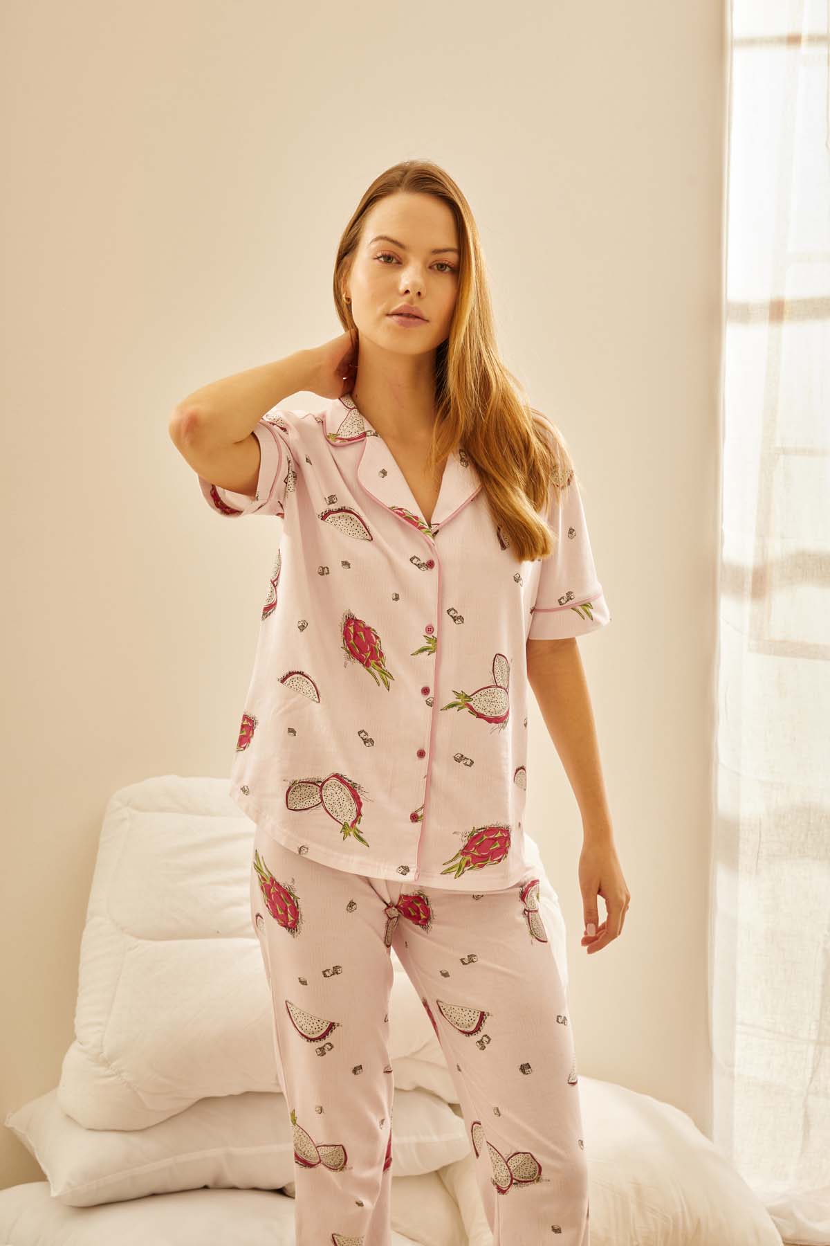 Kadın Pamuklu Gömlek Yaka Pijama Üstü