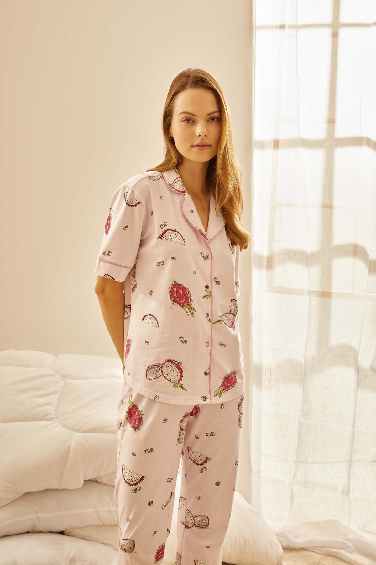 Kadın Pamuklu Gömlek Yaka Pijama Üstü