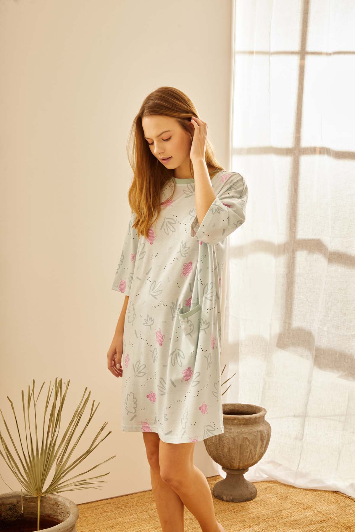 Kadın Pamuklu Kisa Kollu Oversize Gecelik