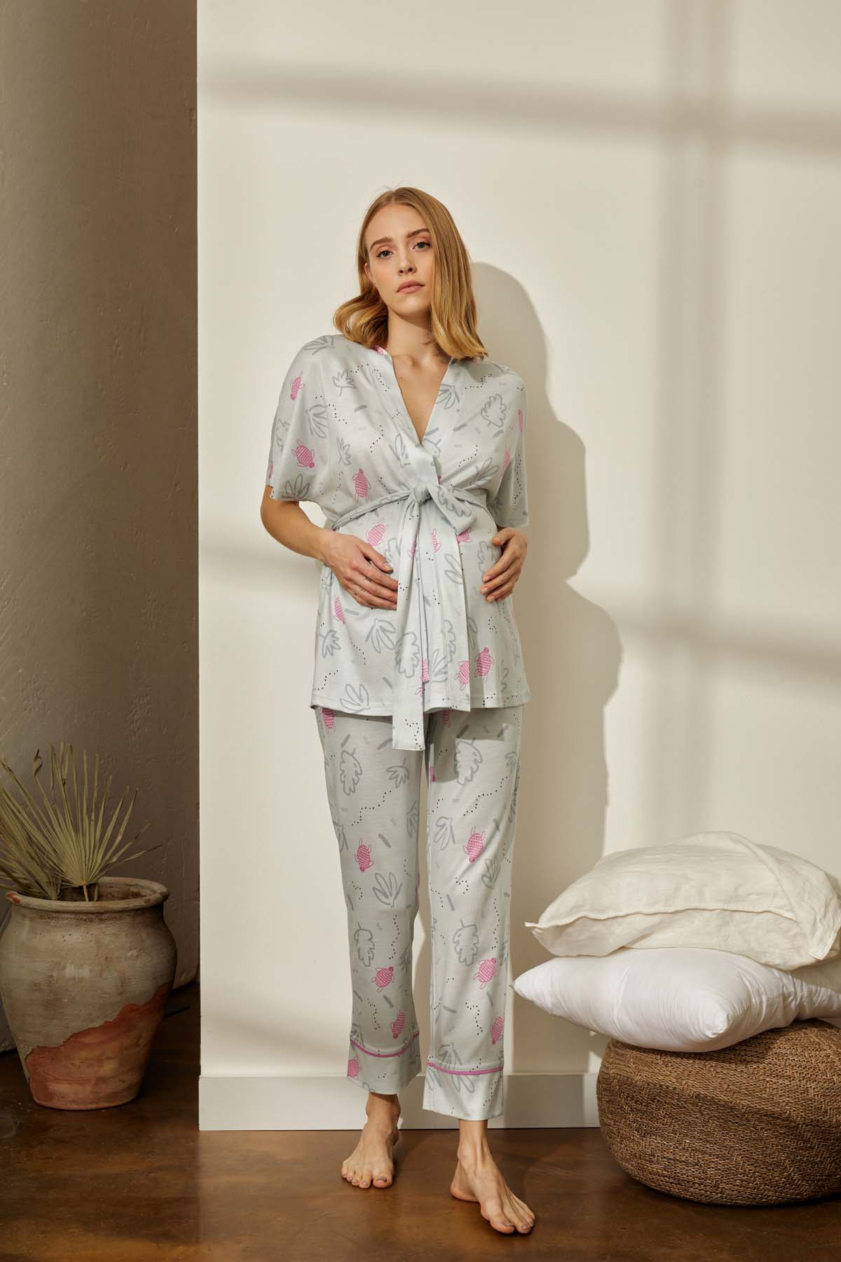 Kadın Anne Adayı Pamuklu Kimonolu Uzun Pijama Takımı