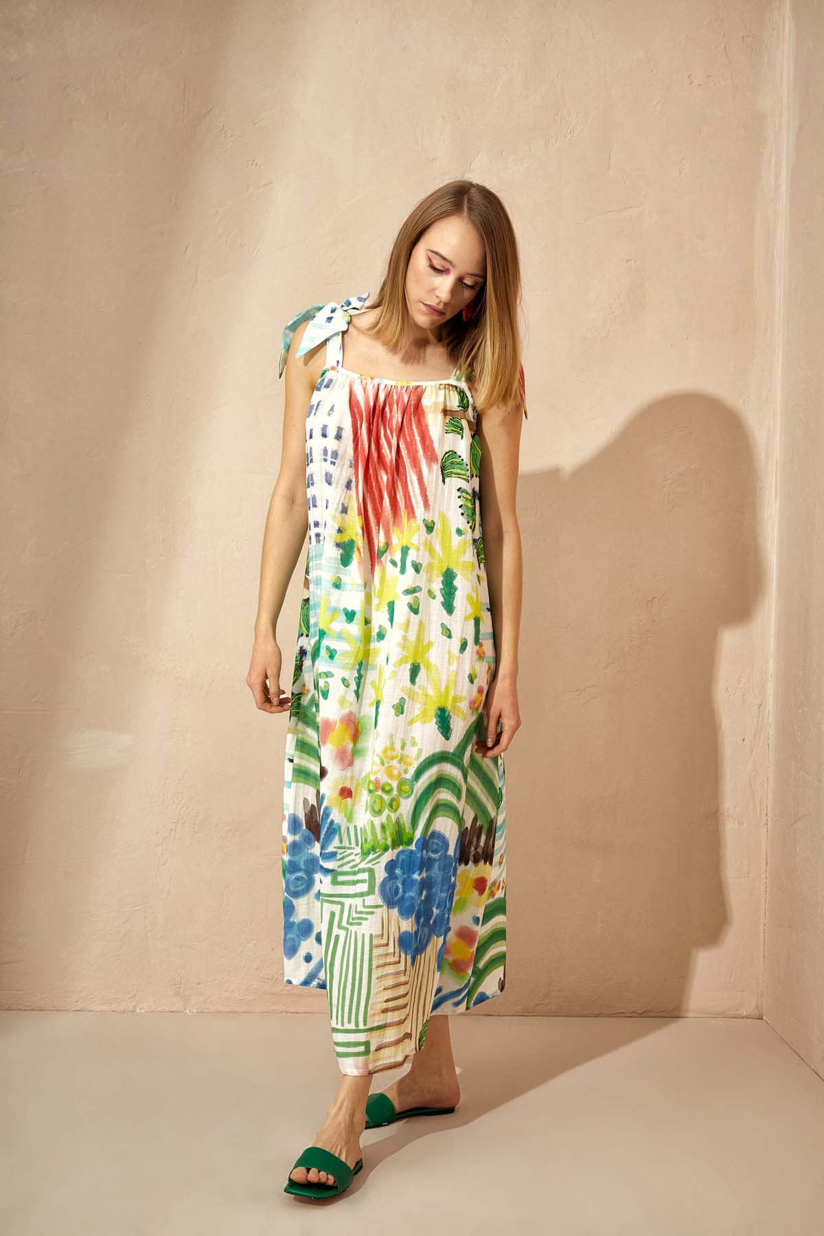 Kadın Vegan Keten Dokuma Bağlama Detaylı Uzun Elbise