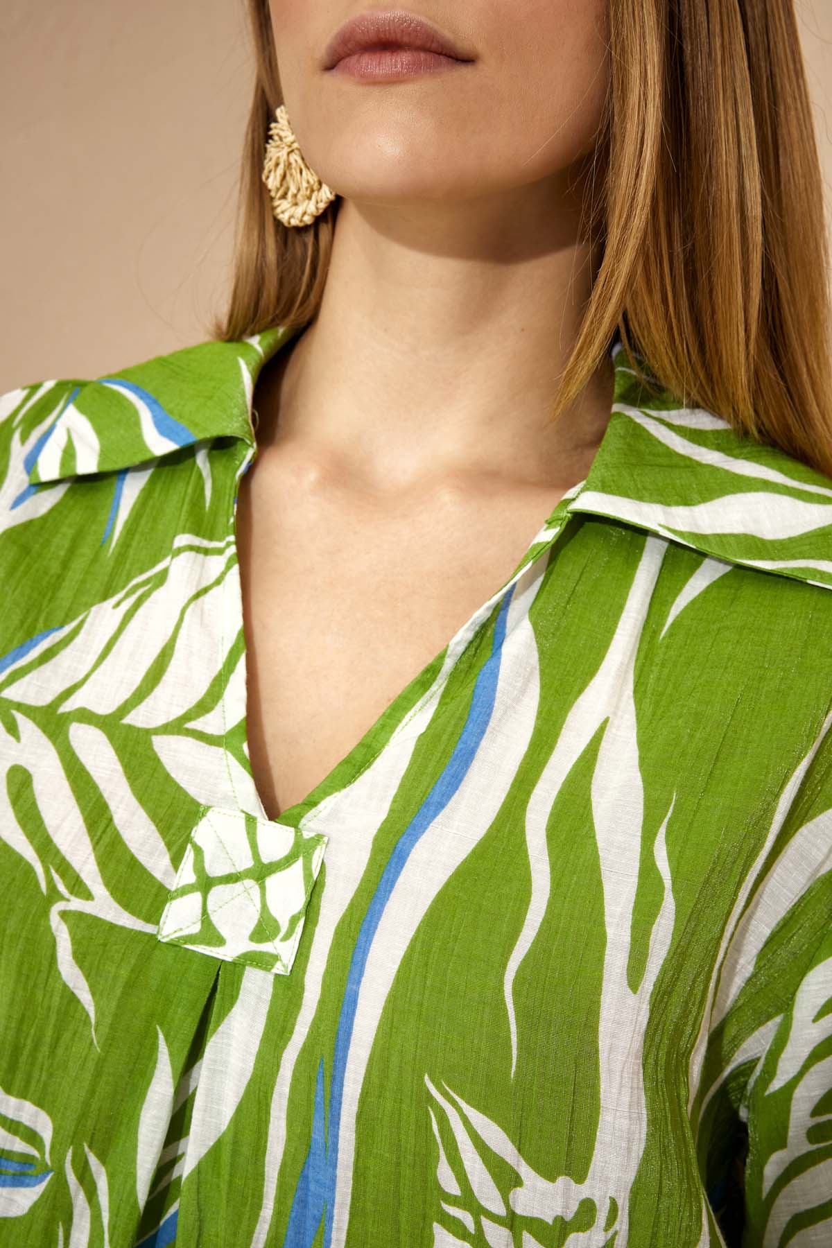 Kadın Vegan Keten Dokuma Gömlek Yaka Oversize Elbise