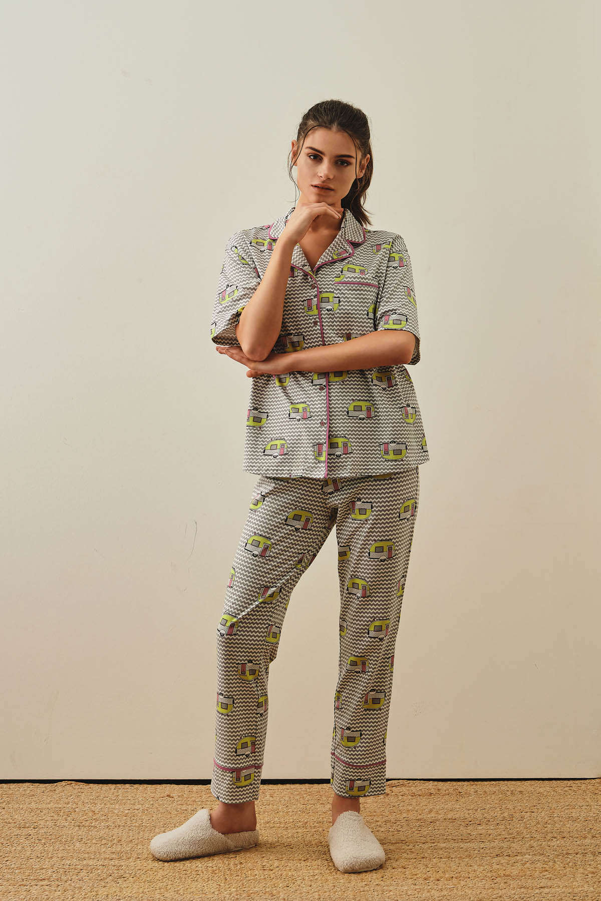 Kadın Pamuklu Gömlek Yaka Uzun Pijama Takımı