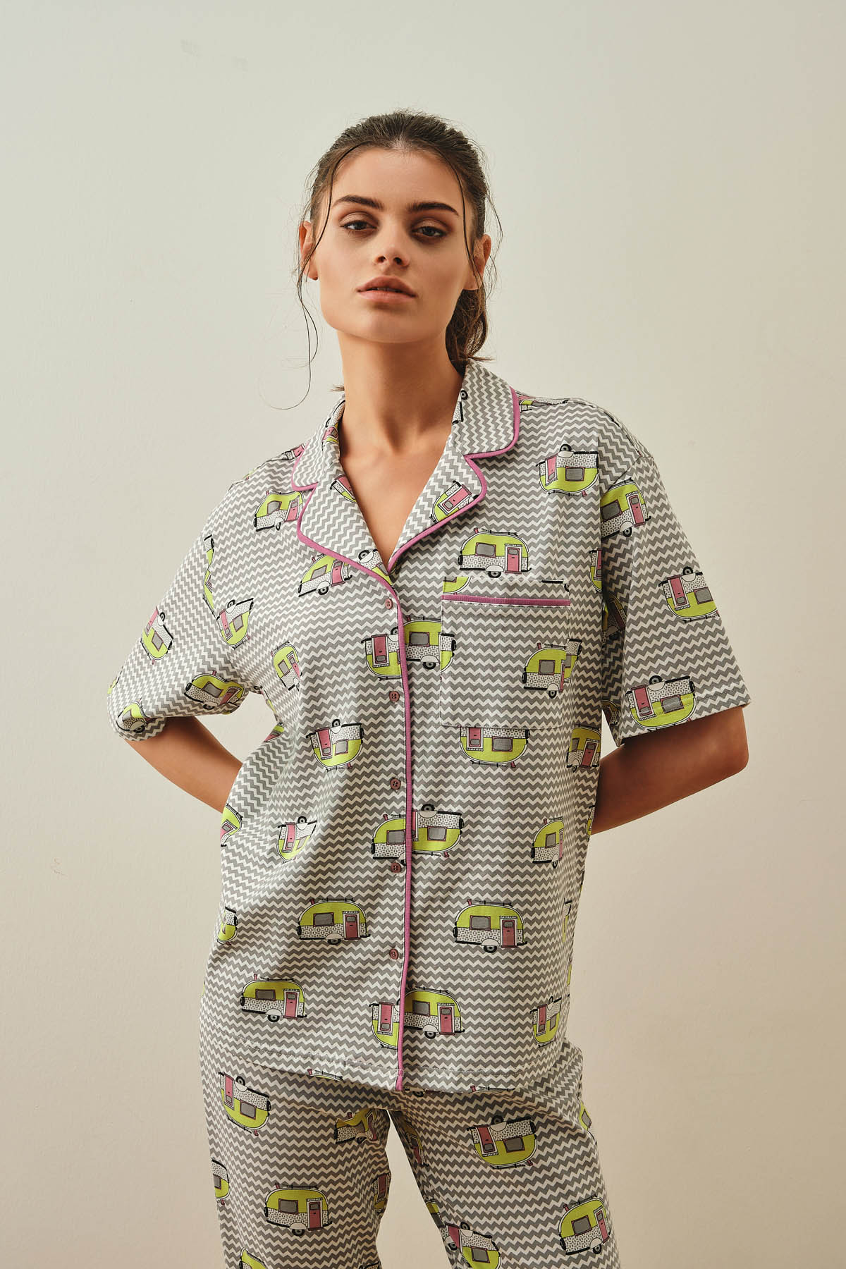 Kadın Pamuklu Gömlek Yaka Uzun Pijama Takımı