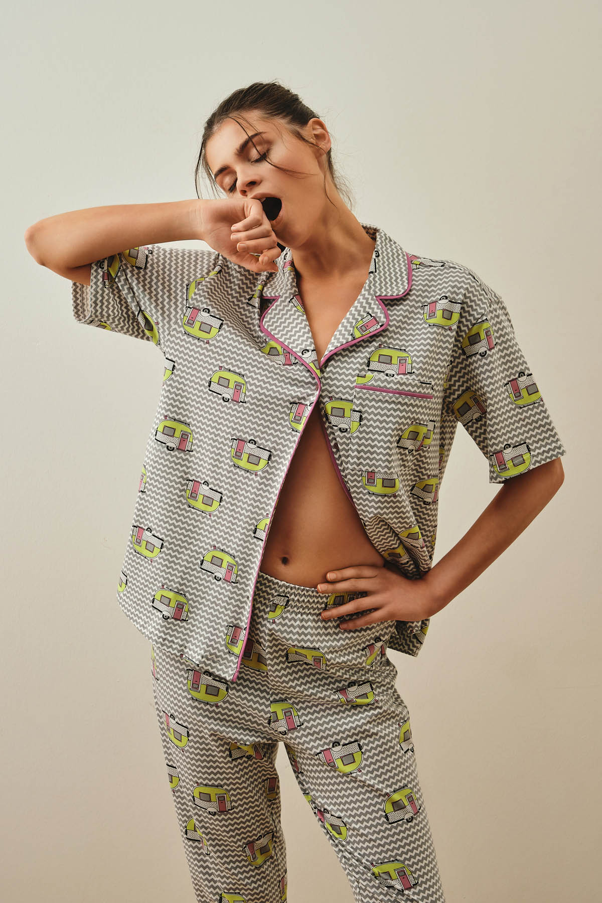 Kadın Pamuklu Gömlek Yaka Uzun Pijama Takımı