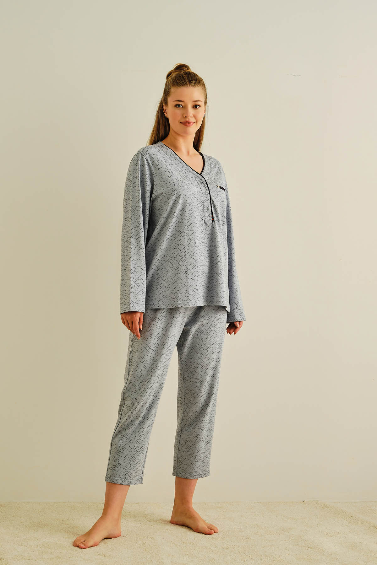 Kadın Büyük Beden Pamuklu Uzun Pijama Takımı