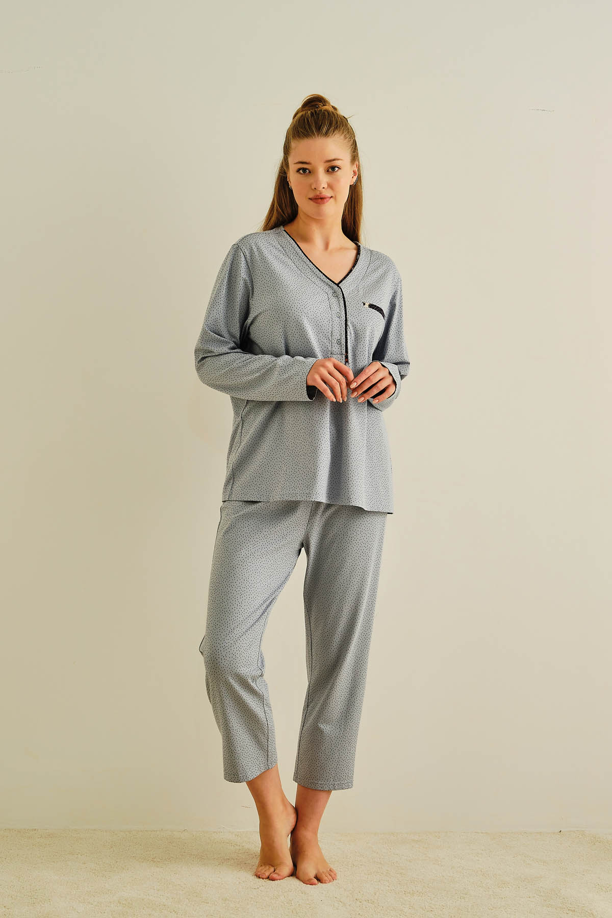 Kadın Büyük Beden Pamuklu Uzun Pijama Takımı