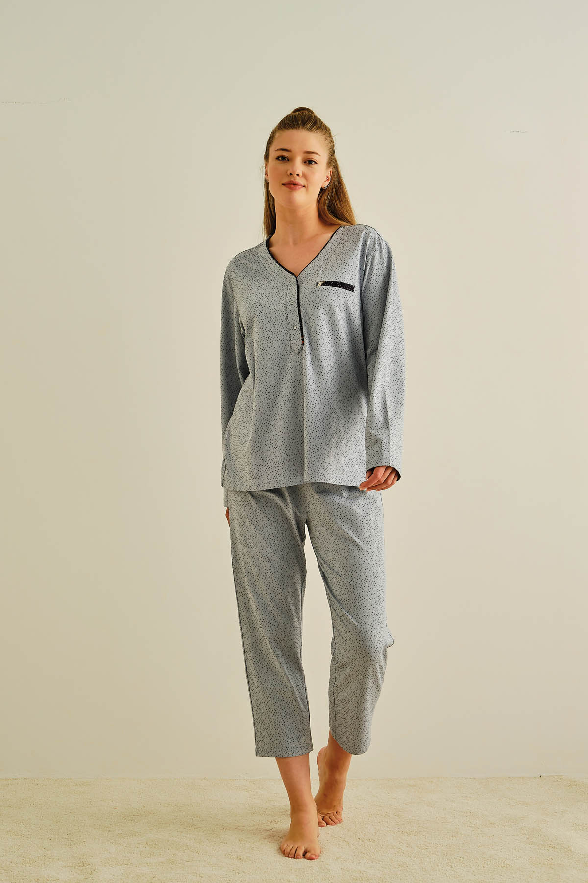 Kadın Büyük Beden Pamuklu Uzun Pijama Takımı