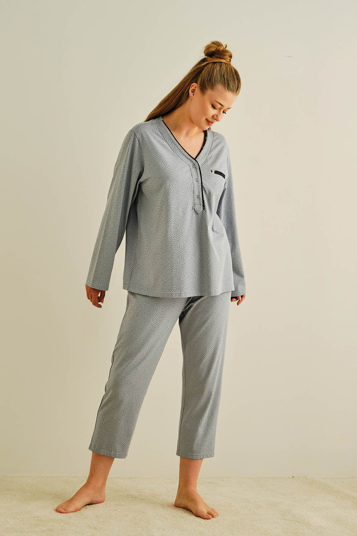 Kadın Büyük Beden Pamuklu Uzun Pijama Takımı