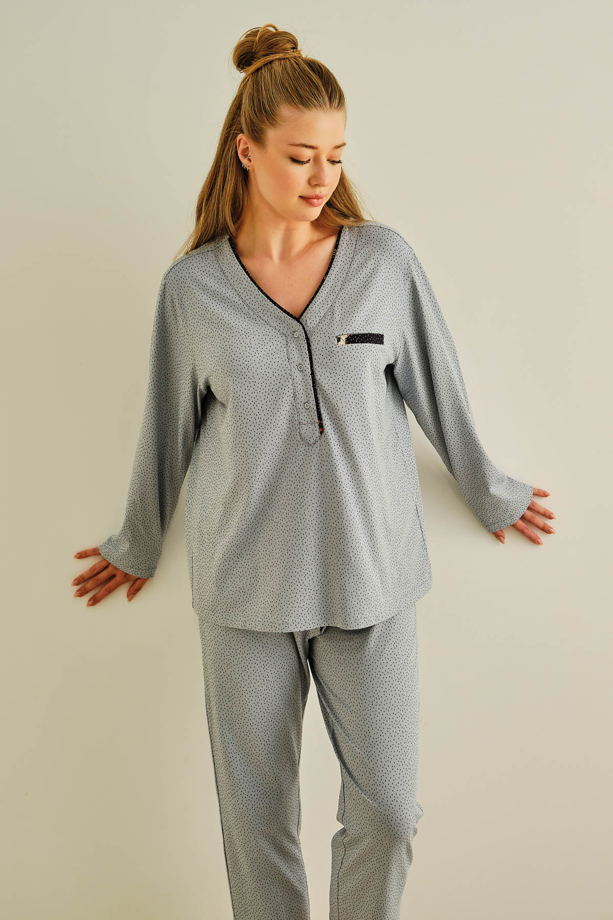 Kadın Büyük Beden Pamuklu Uzun Pijama Takımı