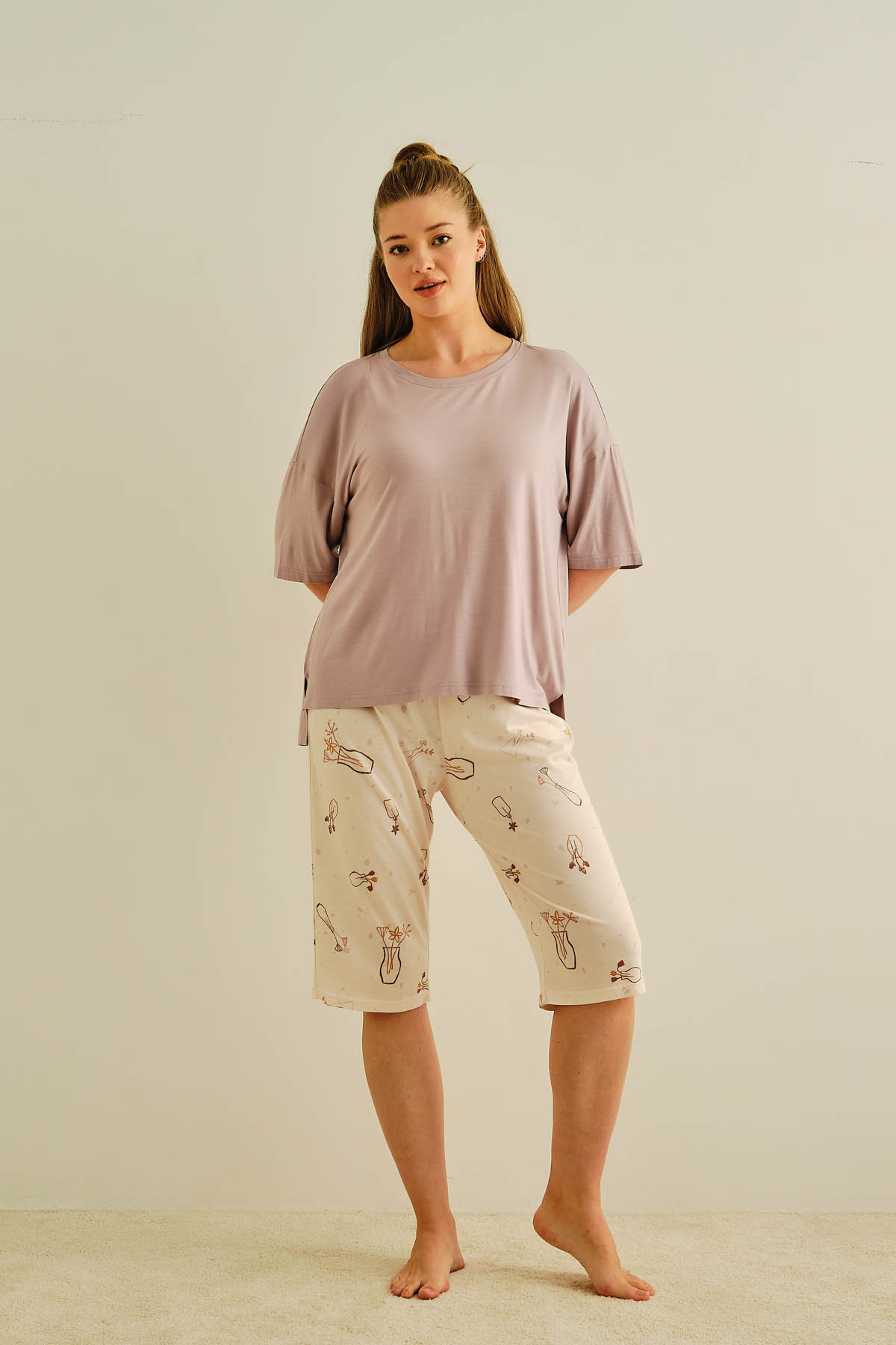 Kadın Büyük Beden Modal Karışımlı Pamuklu Kapri Pijama Takımı