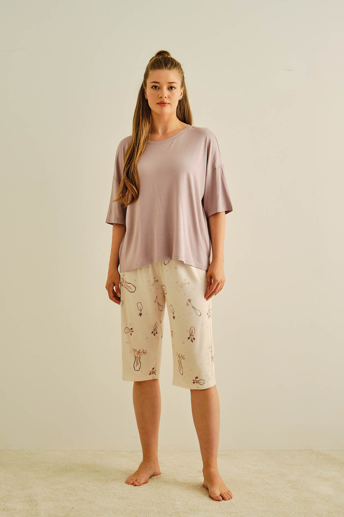 Kadın Büyük Beden Modal Karışımlı Pamuklu Kapri Pijama Takımı