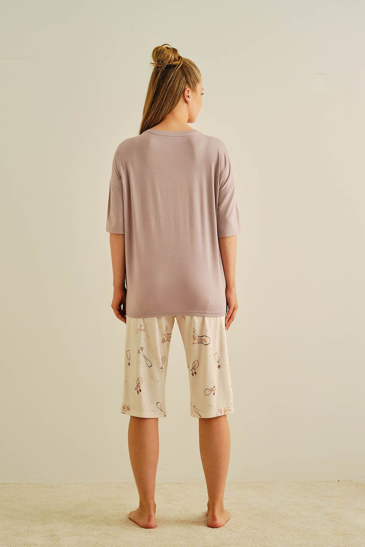 Kadın Büyük Beden Modal Karışımlı Pamuklu Kapri Pijama Takımı