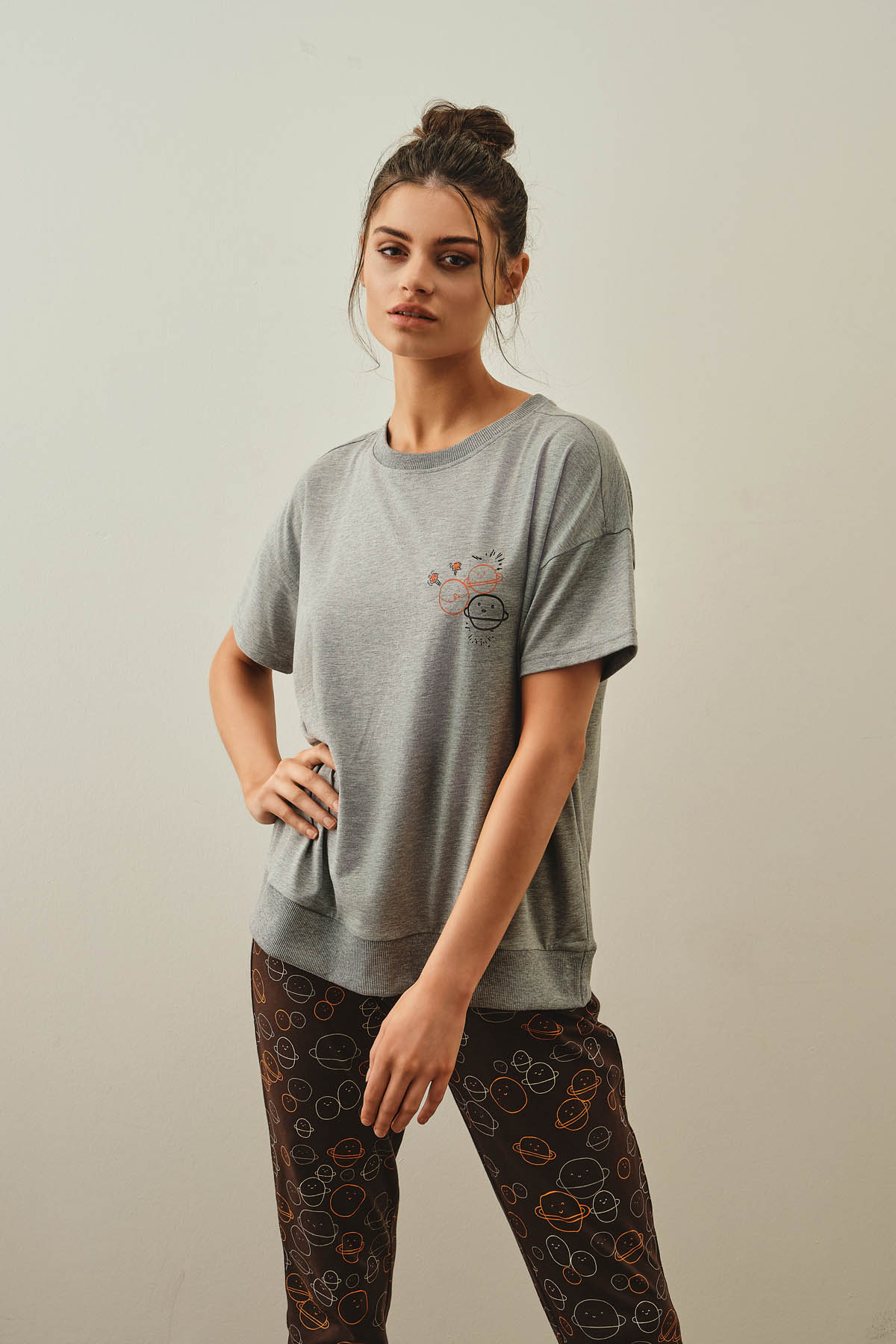 Kadın Pamuklu Bağcık Detaylı Pijama Üstü