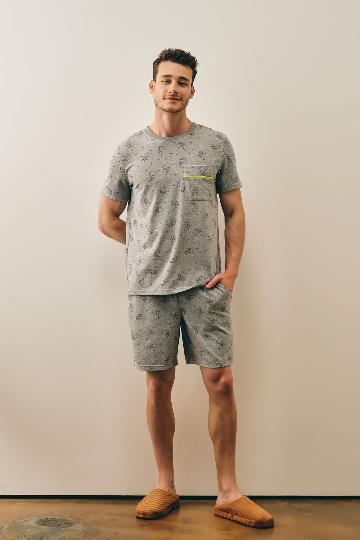 Erkek Pamuklu Kısa Kollu Şort Pijama Takımı