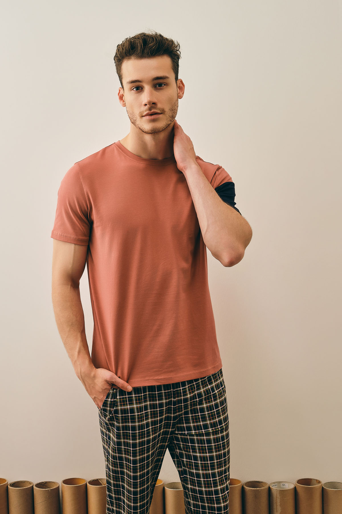 Erkek Pamuklu Kısa Kollu Uzun Pijama Takımı