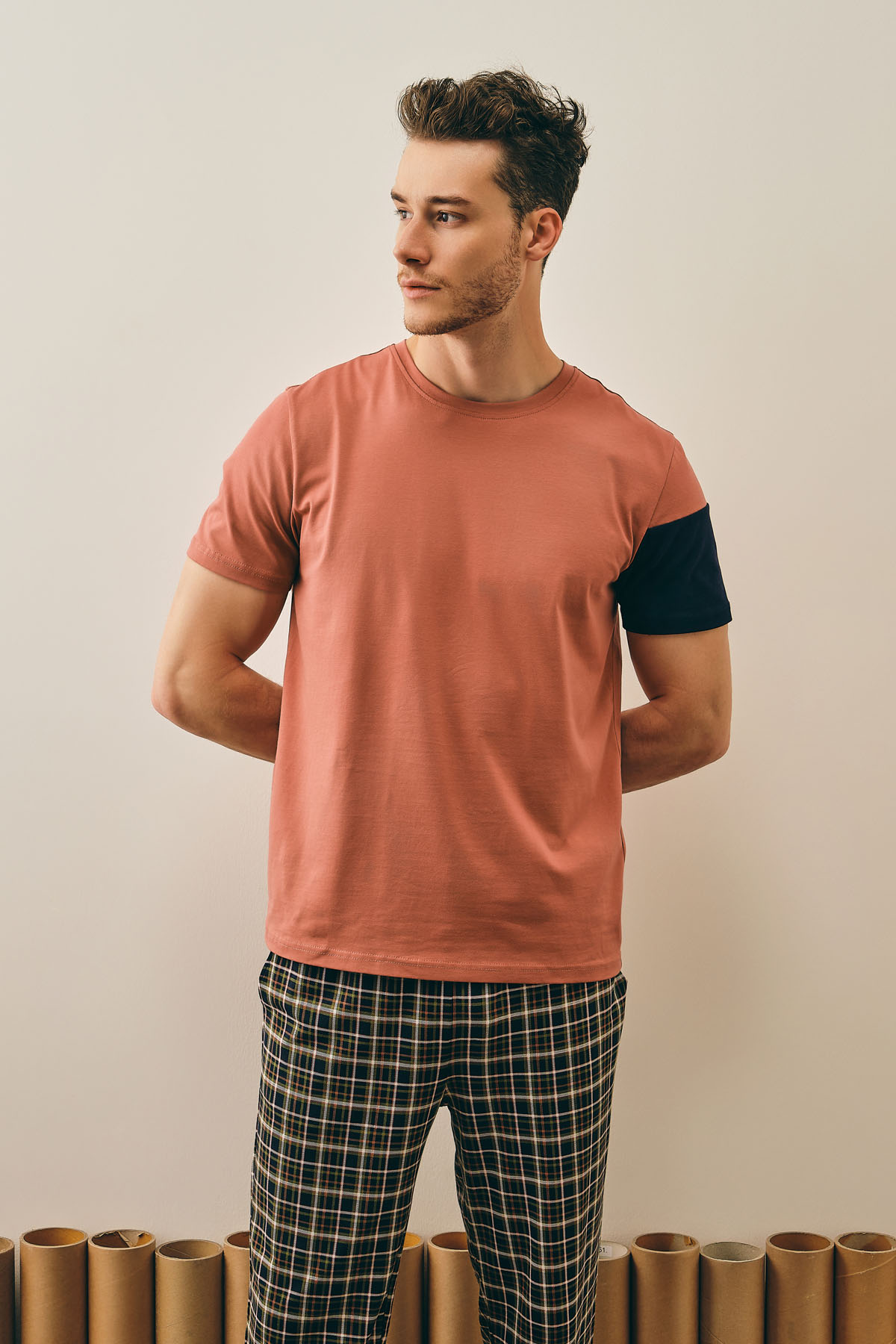 Erkek Pamuklu Kısa Kollu Uzun Pijama Takımı