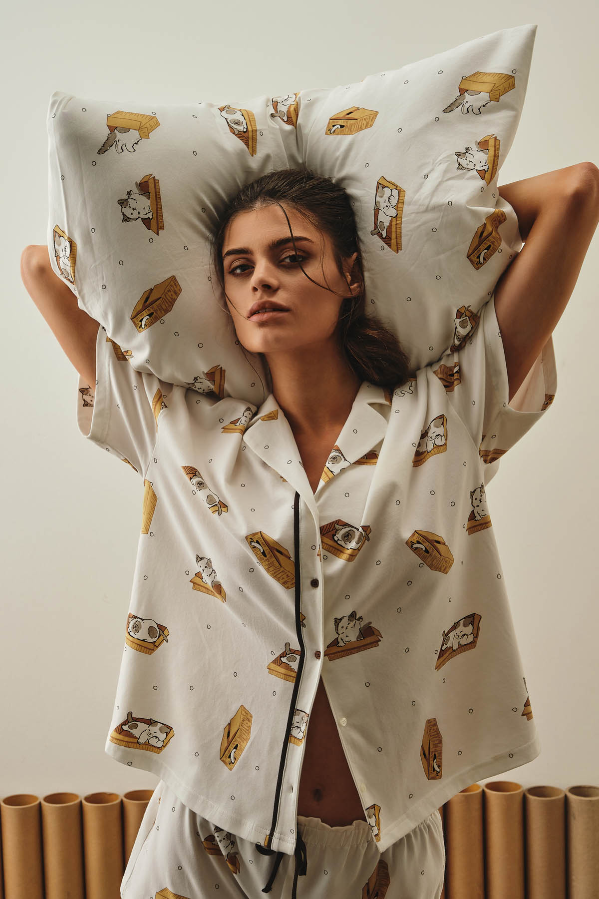 Kadın Pamuklu Gömlek Yaka Pijama Üstü