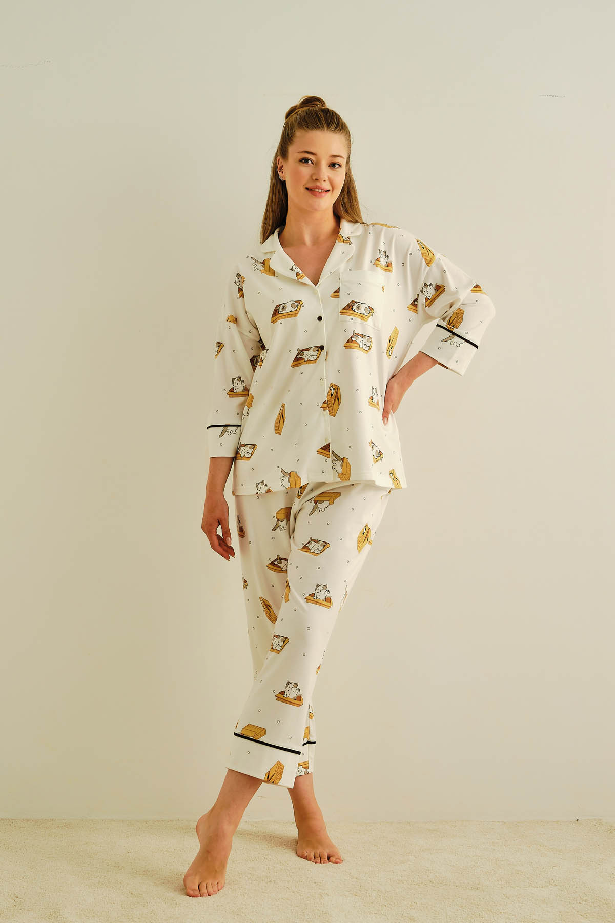 Kadın Büyük Beden Pamuklu Gömlek Yakalı Pijama Takımı