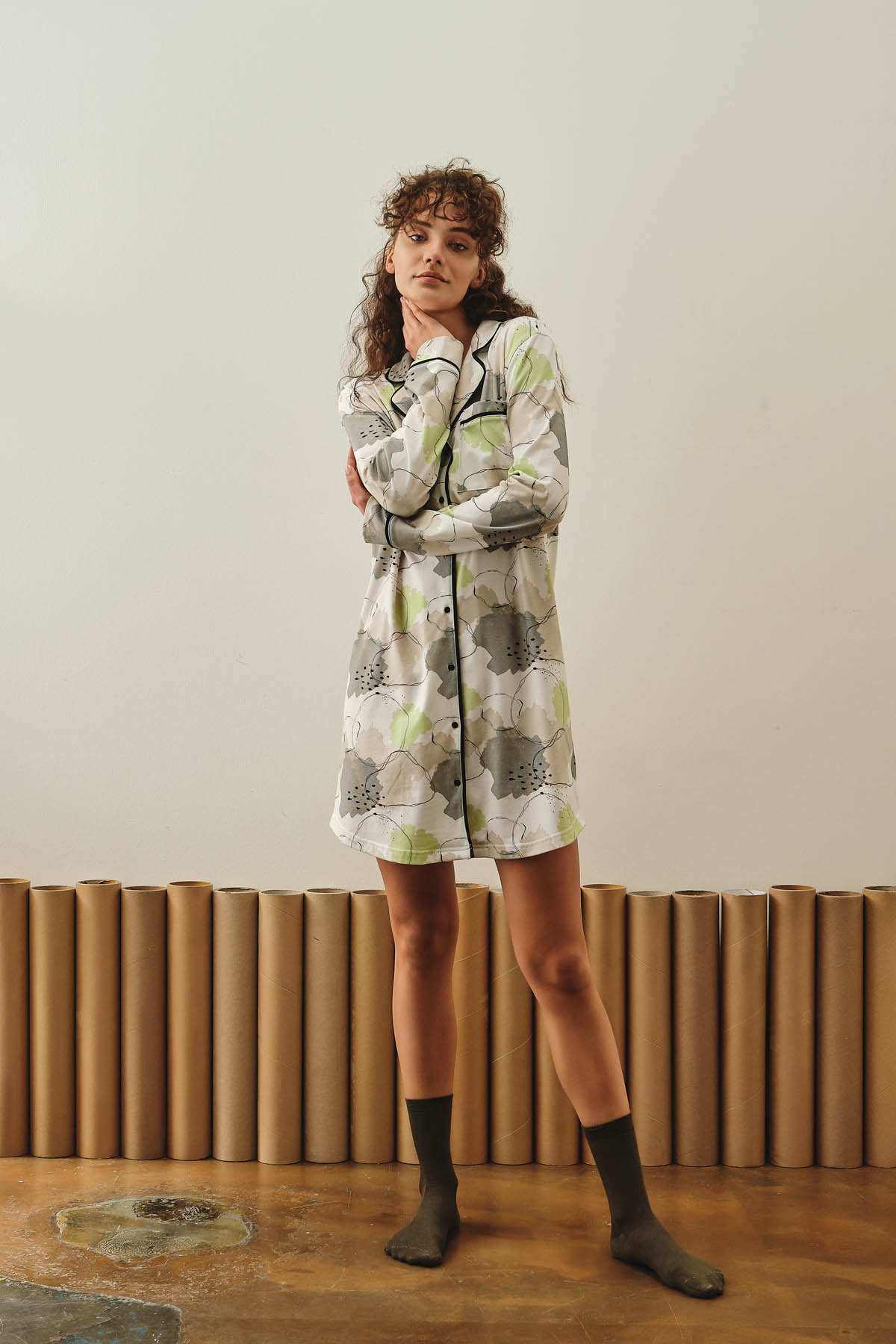 Kadın Pamuklu Gömlek Yaka Gecelik