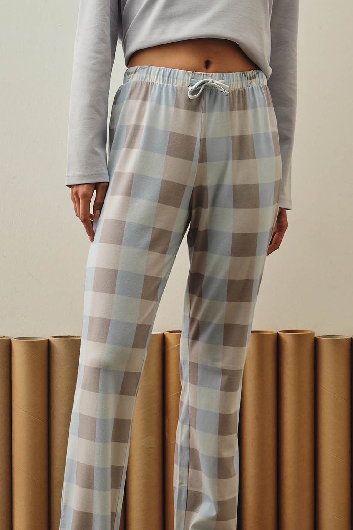 Kadın Pamuklu Paça Kıvırma Detaylı Uzun Pijama Altı